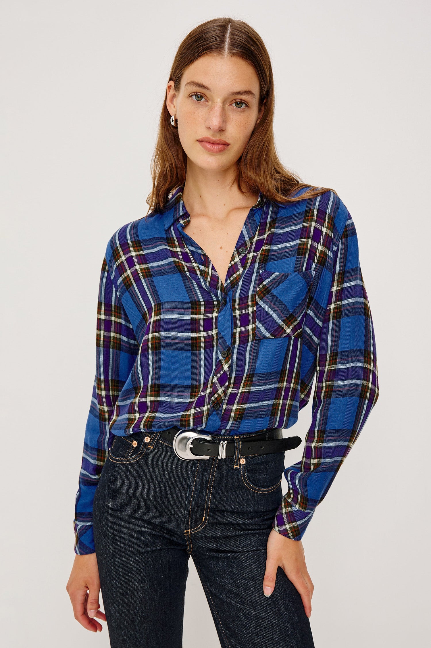 Hunter Long-Sleeve Button Up with a Chest Patch Pocket in Sapphire Indigo Colorway, plaid - Front View Featured on Model