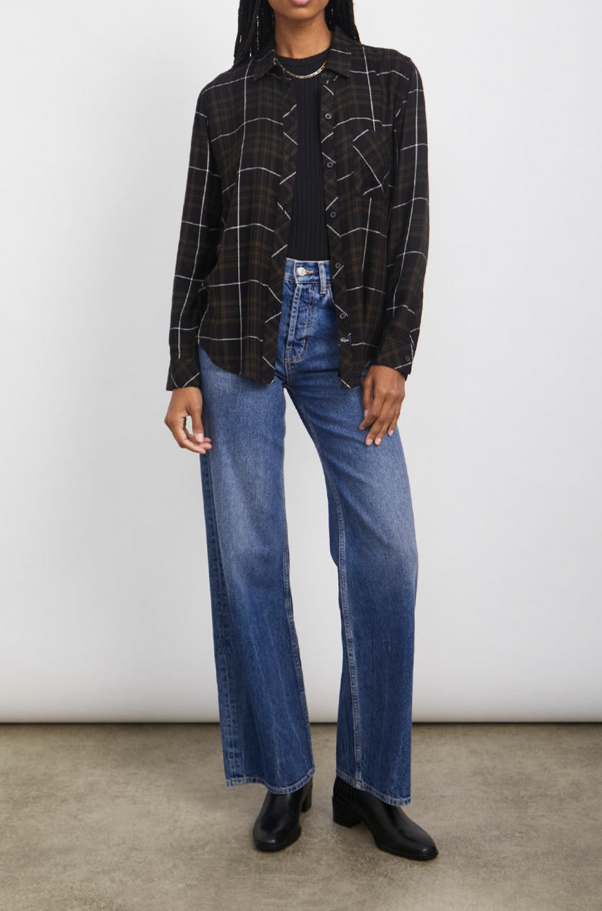 Hunter Long-Sleeve Button Up with a Chest Patch Pocket in Olive Carbon White Colorway, plaid - Front Unbuttoned Full Body View Featured on Model
