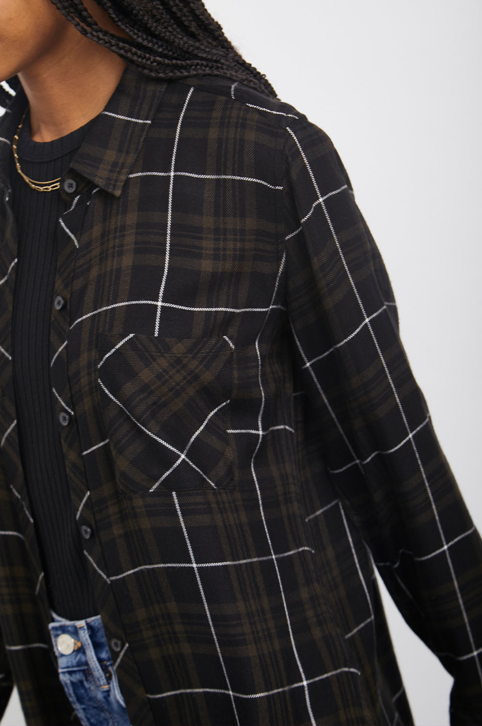Hunter Long-Sleeve Button Up with a Chest Patch Pocket in Olive Carbon White Colorway, plaid - Front Unbuttoned View Featured on Model