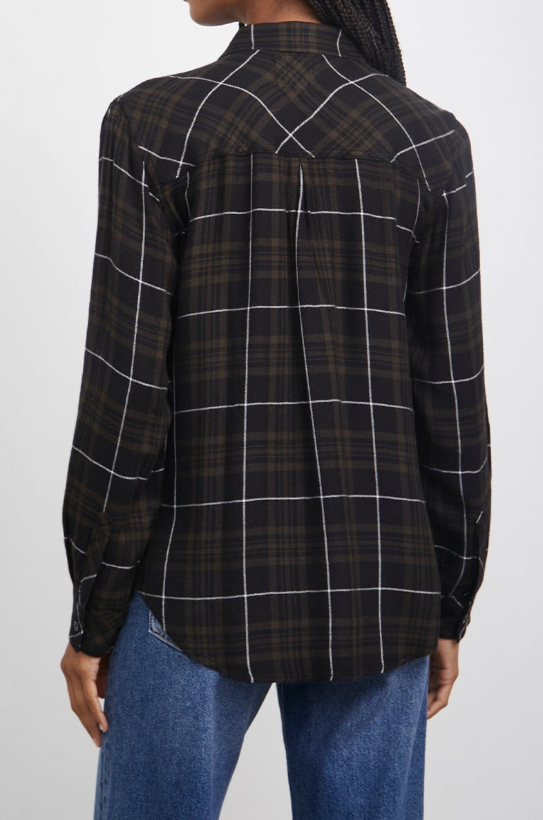 Hunter Long-Sleeve Button Up with a Chest Patch Pocket in Olive Carbon White Colorway, plaid - Back View Featured on Model