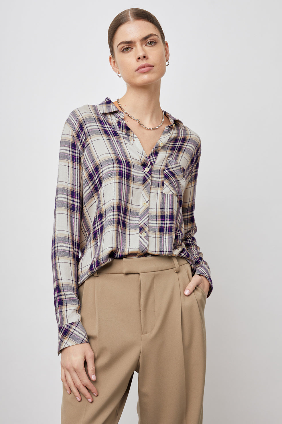 Hunter Long-Sleeve Button Up with a Chest Patch Pocket in Stone Navy Fuchsia Colorway, plaid - Front Tucked View Featured on Model