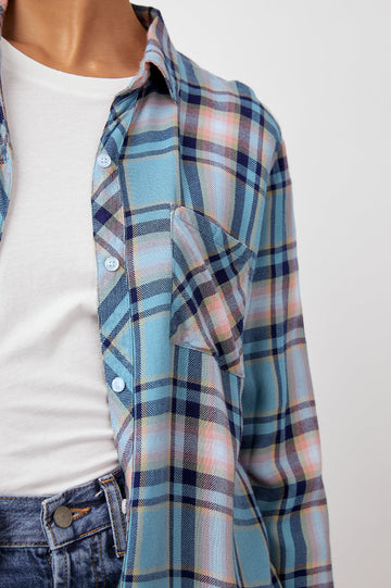 Hunter Teal Peach Navy Shirt- front detail