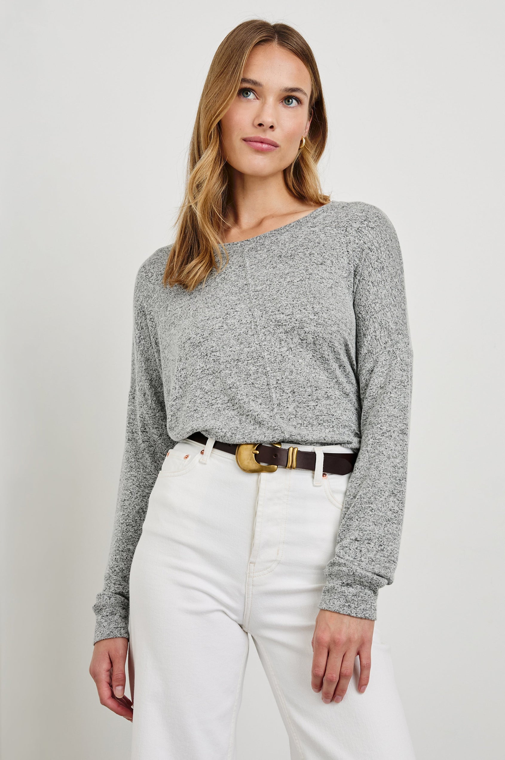 Iggy Long Sleeve Top with a Scoop Neck, Side Slits and a Vertical Seam Down the Front and Back Center in Melange Grey Colorway - Front Tucked View Featured on Model  