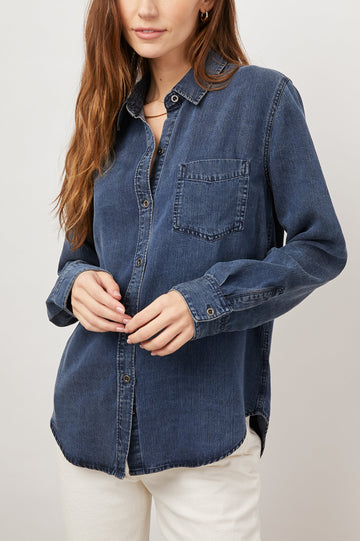 Ingrid Long Sleeve Denim Button Up with a Chest Patch Pocket in Dark Vintage Colorway - Front View Featured on Model