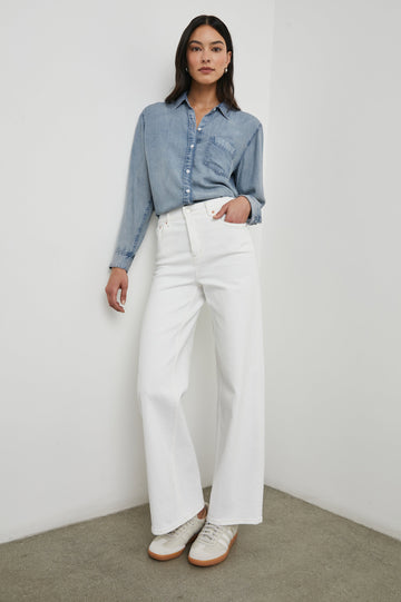 Ingrid Long Sleeve Denim Button Up with a Chest Patch Pocket in Med Vintage Cloud Wash Colorway - Front Tucked Full Body View Featured on Model