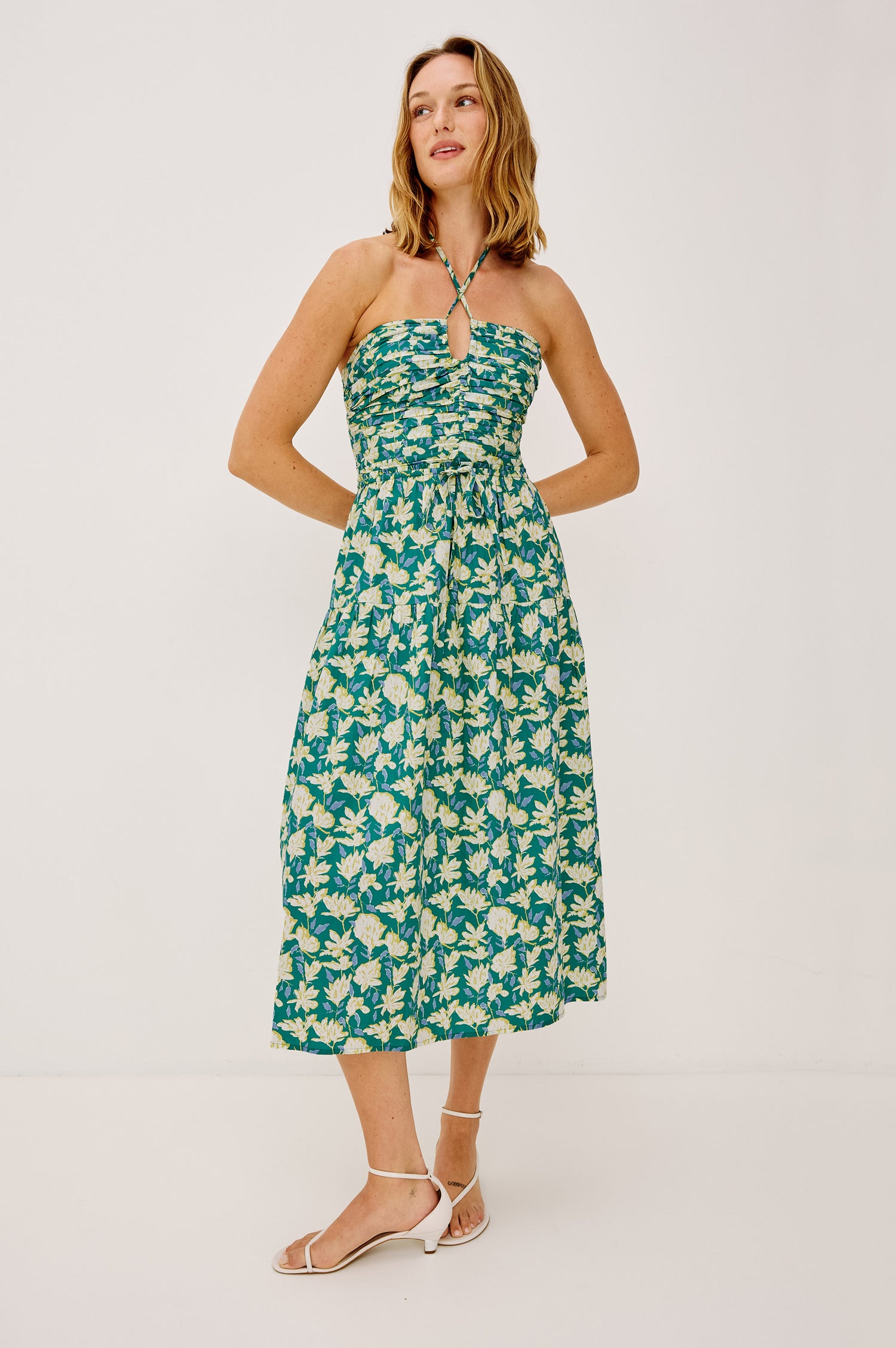 Irene Midi Dress in Cotton Poplin With Ruched Semi-Sheer Keyhole Bodice, Adjustable Halter Ties, Back Smocking, Side Zip, and Fully Lined in Green Mayflower - Full Body Front View Featured on Model