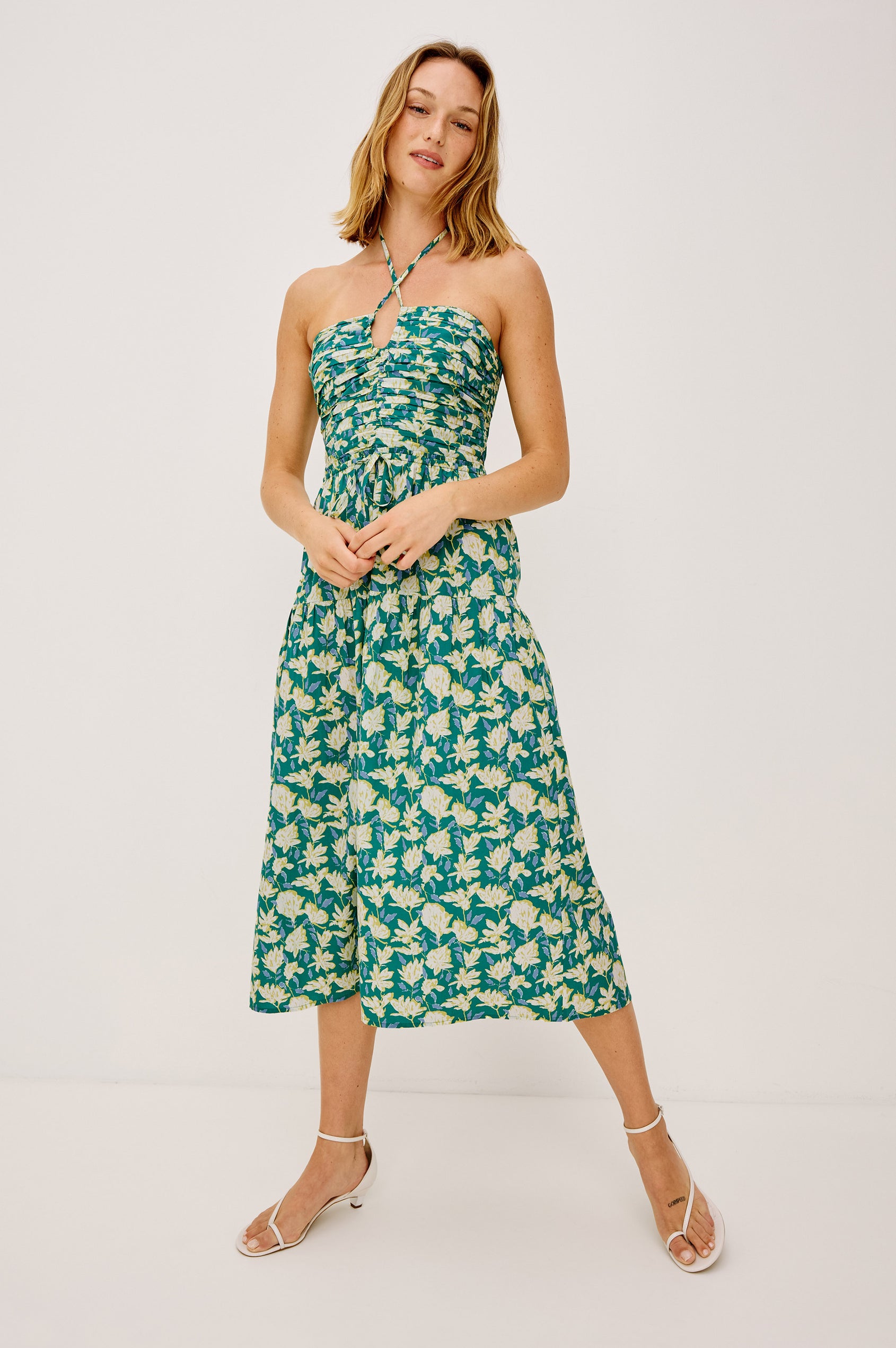 Irene Midi Dress in Cotton Poplin With Ruched Semi-Sheer Keyhole Bodice, Adjustable Halter Ties, Back Smocking, Side Zip, and Fully Lined in Green Mayflower - Full Body Front View Featured on Model