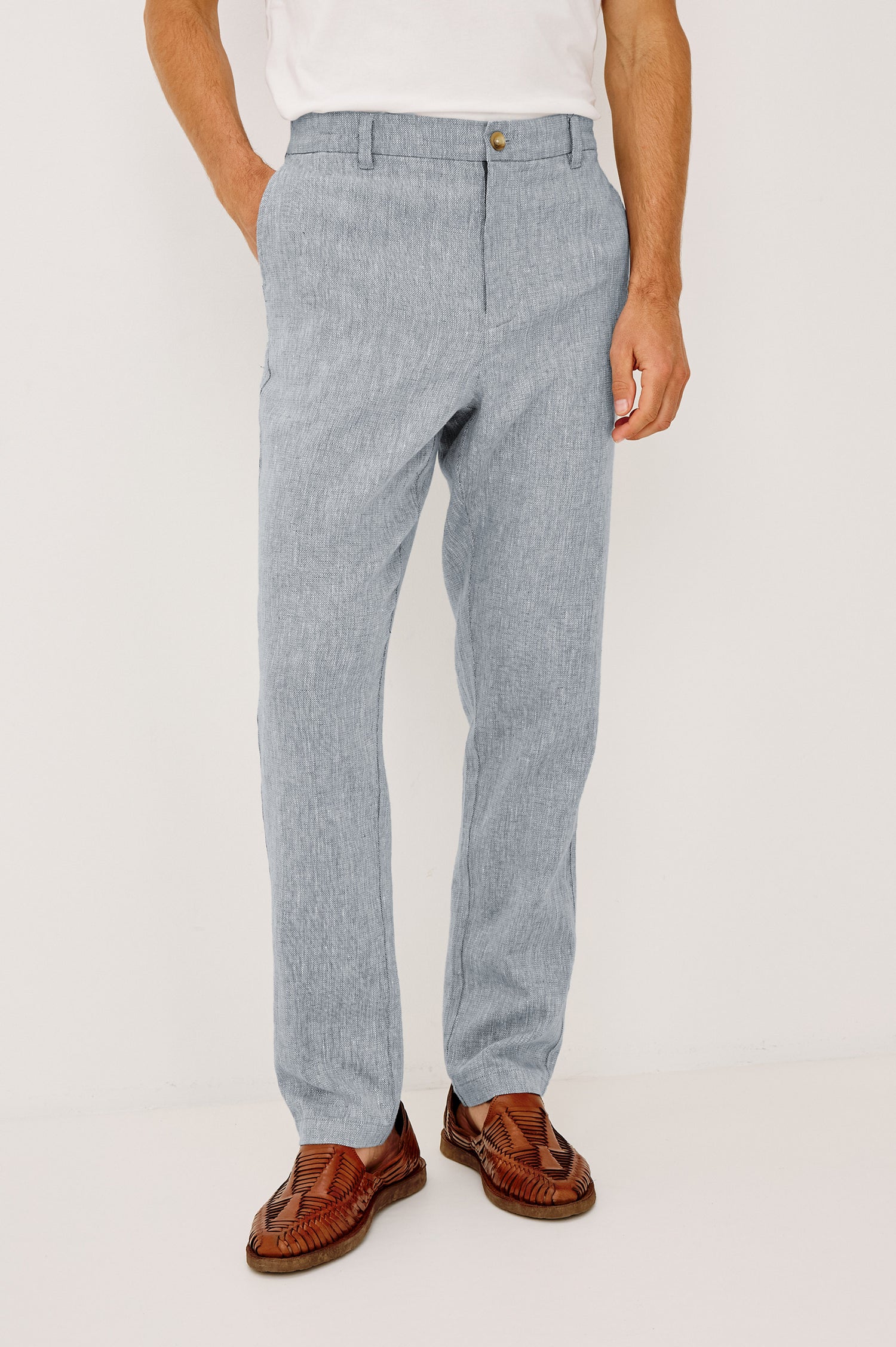 Irving Pant in Cotton-Linen Blend With Slim Straight Legs, Side Slant Pockets, and Back Welt Pockets in Bicoastal Blue Colorway - Lower Body Front View Featured on Model