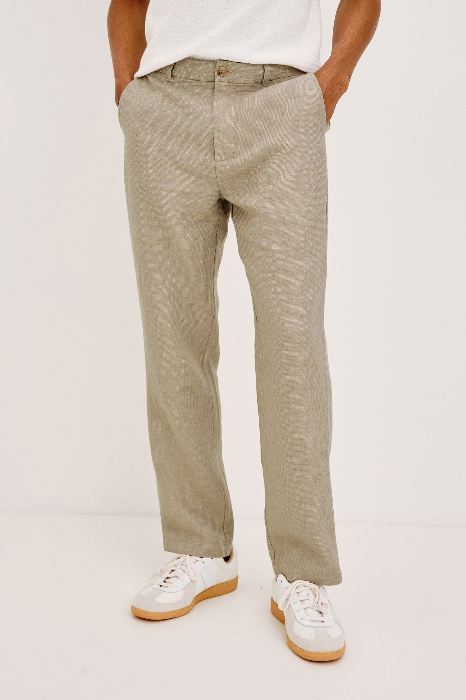 Irving Slim Straight Pant With Side Slant Pockets and Back Welt Pockets in White Oak Colorway - Lower Body Front View Featured on Model