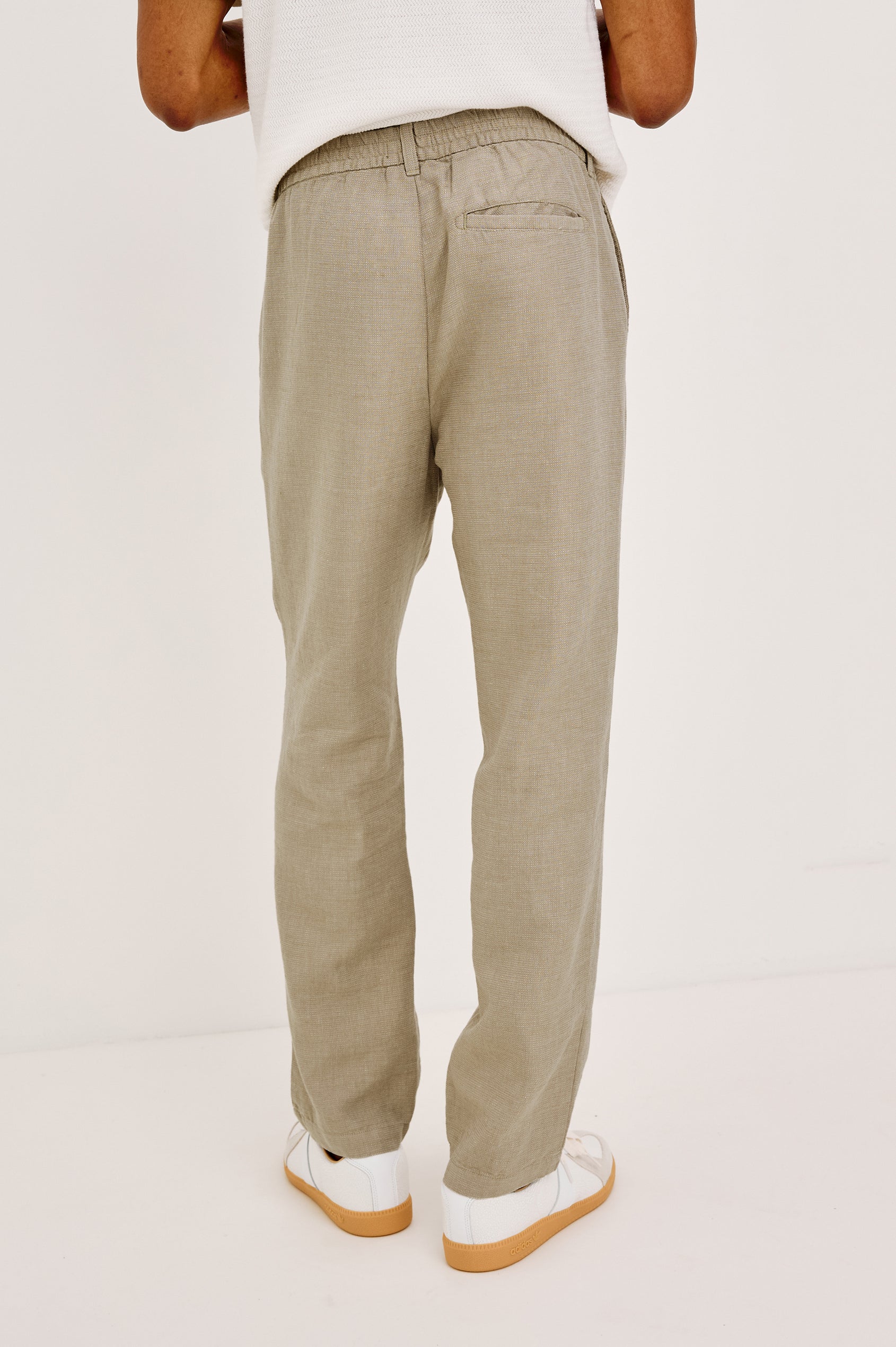 Irving Slim Straight Pant With Side Slant Pockets and Back Welt Pockets in White Oak Colorway - Lower Body Back View Featured on Model