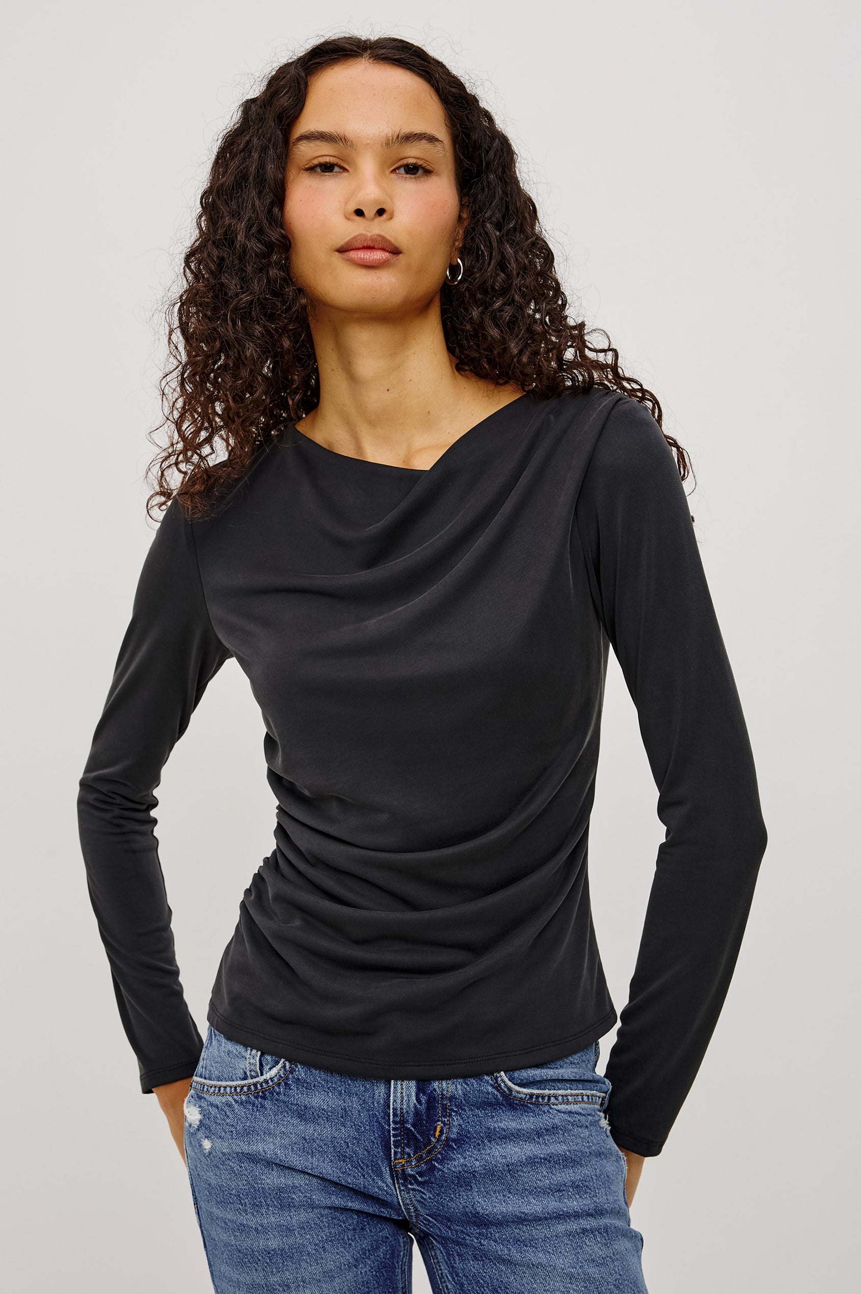 Issel Top in Soft Jersey With Cowl Neckline, Ruched Waist, and Form-Fitting Silhouette in Ash Colorway - Upper Body Front View Featured on Model