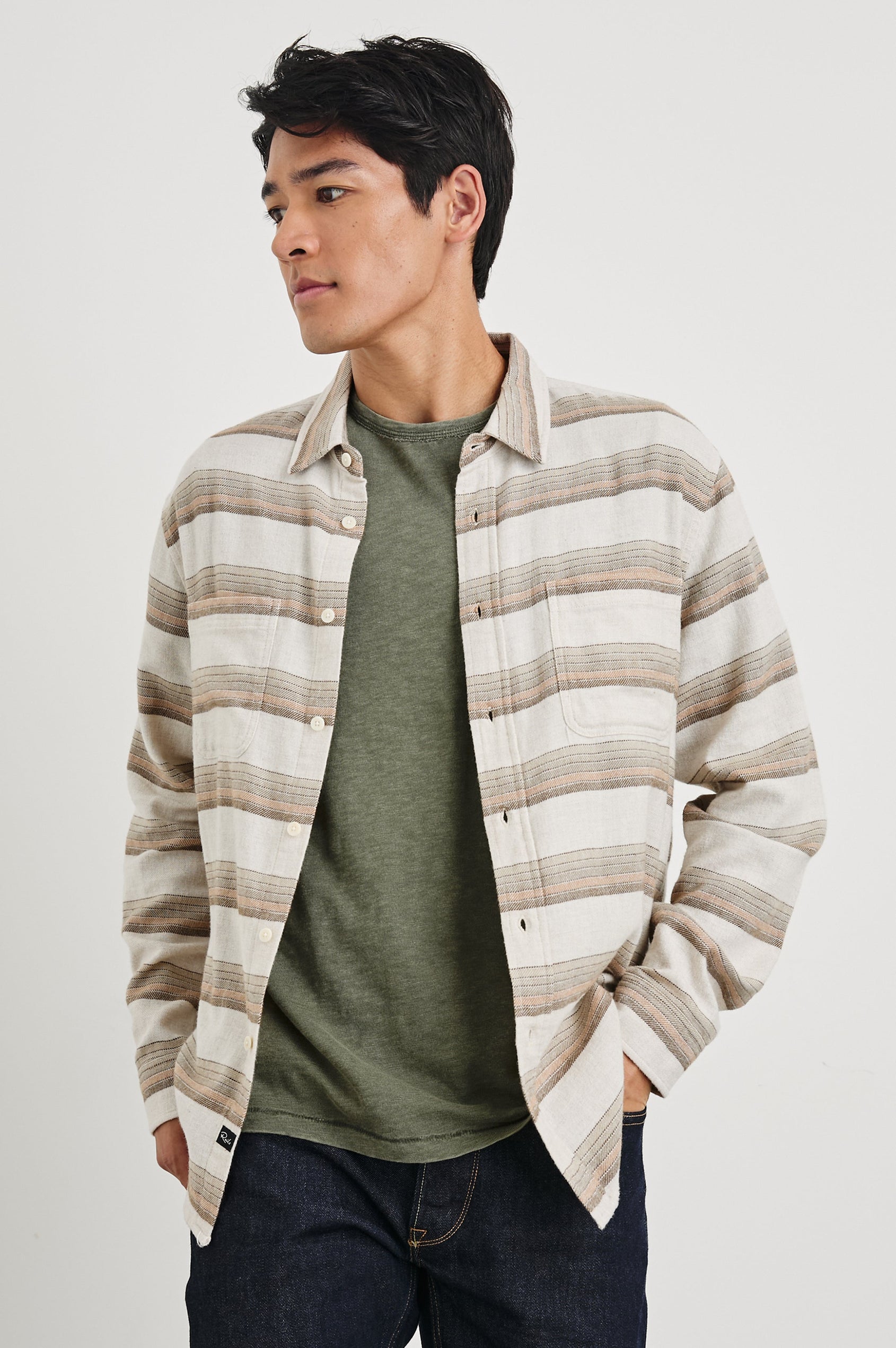 Ivan Long-Sleeve Button Up with Two Chest Patch Pockets in Sunset Canteen Colorway, with horizontal stripes in browns on Canteen - Front Unbuttoned View Featured on Model