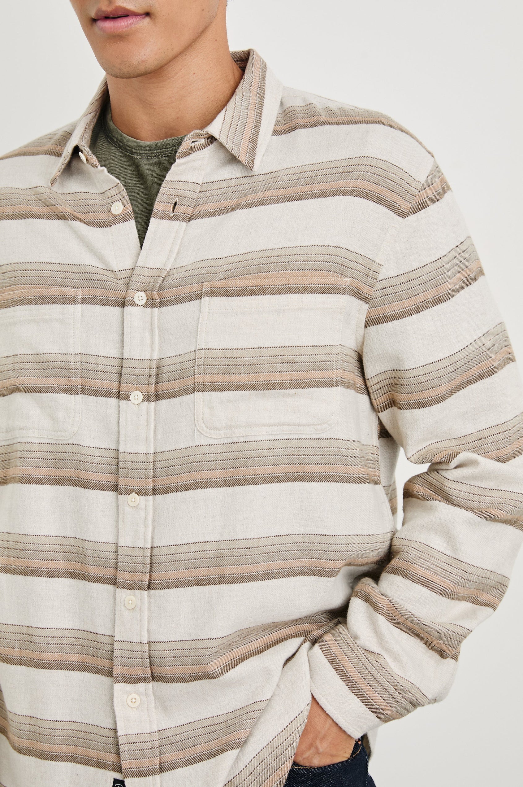 Ivan Long-Sleeve Button Up with Two Chest Patch Pockets in Sunset Canteen Colorway , with horizontal stripes in browns on Canteen - Front View Featured on Model