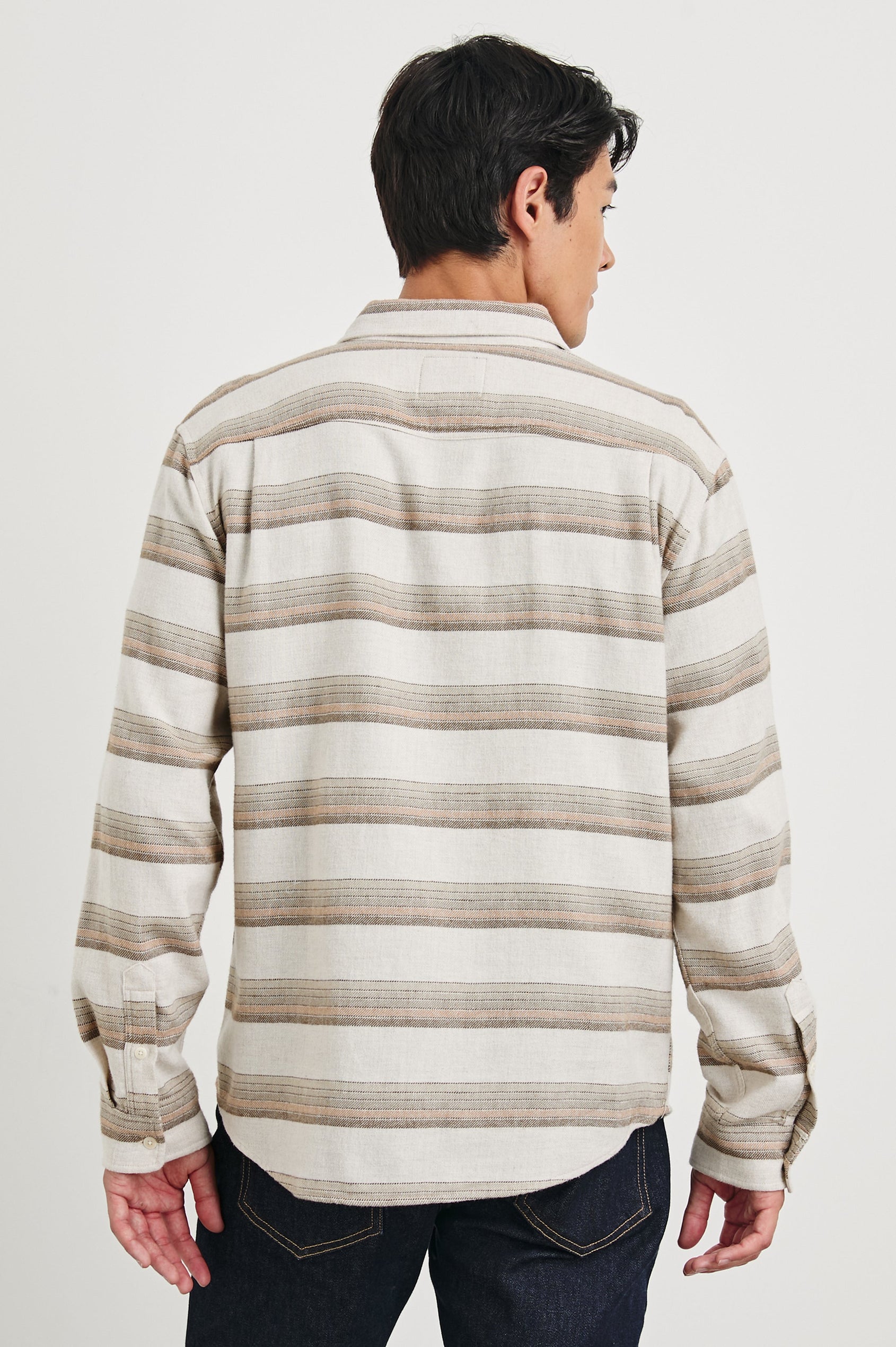 Ivan Long-Sleeve Button Up with Two Chest Patch Pockets in Sunset Canteen Colorway, with horizontal stripes in browns on Canteen - Back View Featured on Model