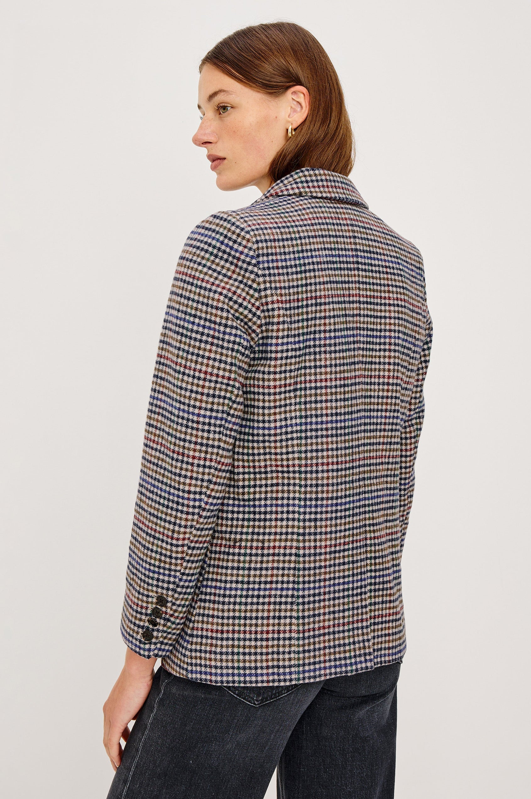 Jac Double-Breasted Blazer with Two Front Flap Pockets and a Notched Label in Cardinal Pine Multi Colorway, a plaid with Cardinal, Pine, Blue, Cream and Black - Back View Featured on Model