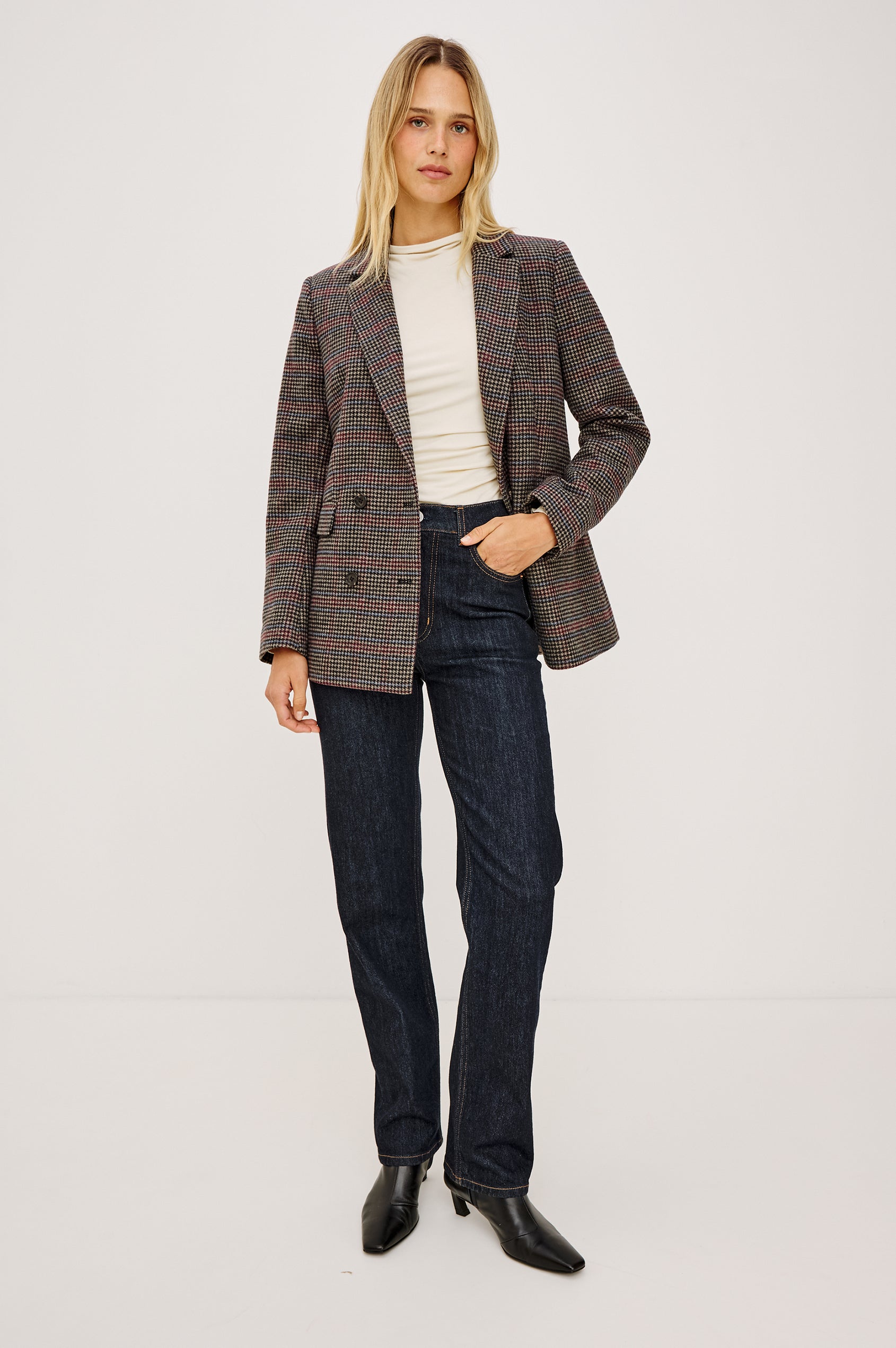 Jac Blazer in Wool Blend With Double-Breasted Design, Notched Lapels, Long Sleeves, Side Flap Pockets, and Fully Lined in Oxford Plum Colorway - Full Body Front View Featured on Model