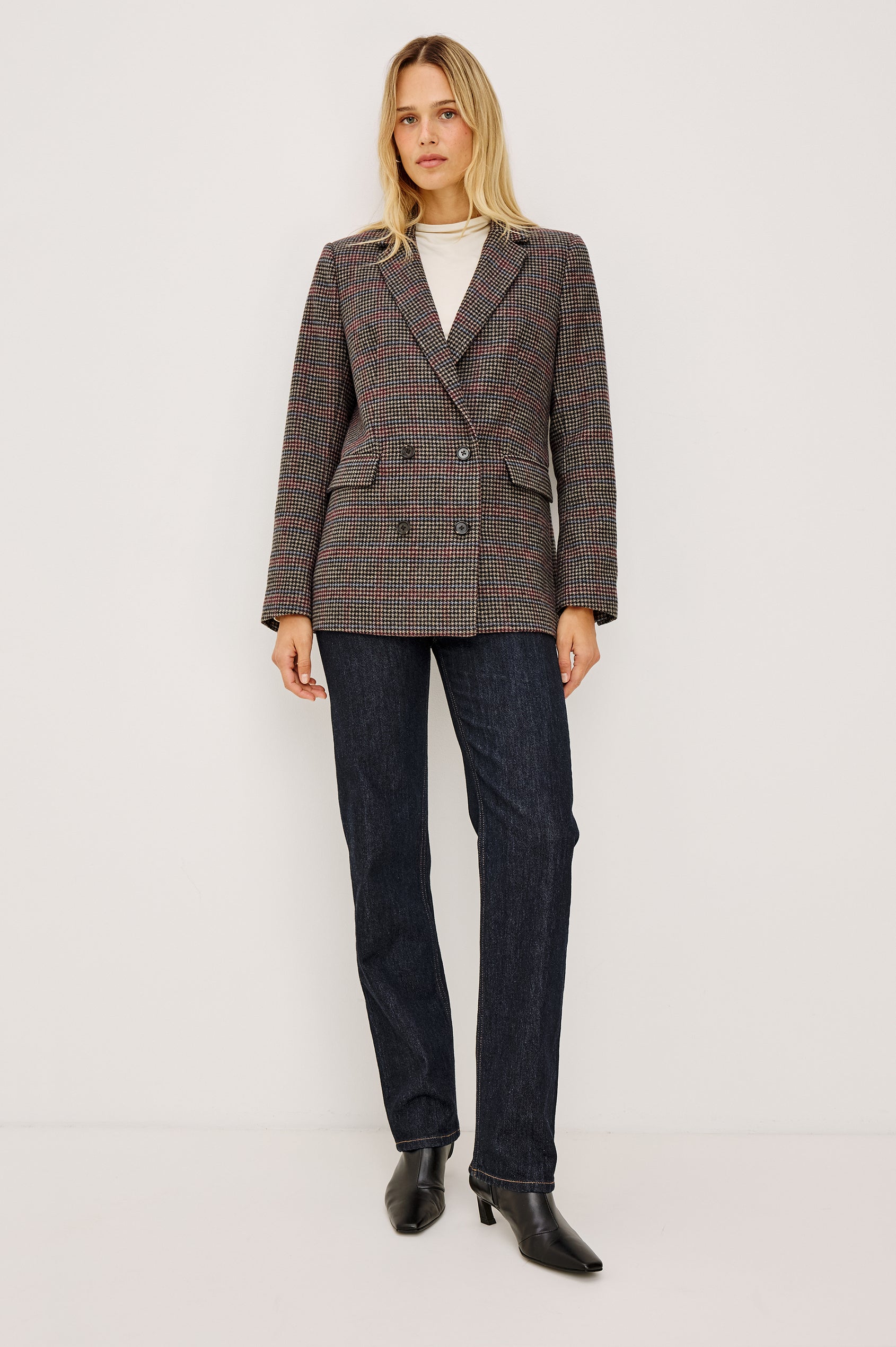Jac Blazer in Wool Blend With Double-Breasted Design, Notched Lapels, Long Sleeves, Side Flap Pockets, and Fully Lined in Oxford Plum Colorway - Full Body Front View Featured on Model
