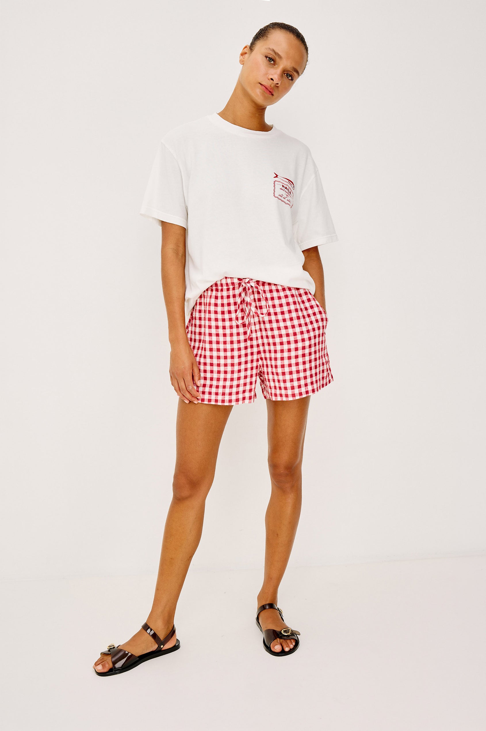 Jenner High-Waisted Short in Unlined Linen With Adjustable Drawstring Waist TIes, Side Pockets, and Relaxed Fit in Picnic Check Colorway - Full Body Front View Featured on Model
