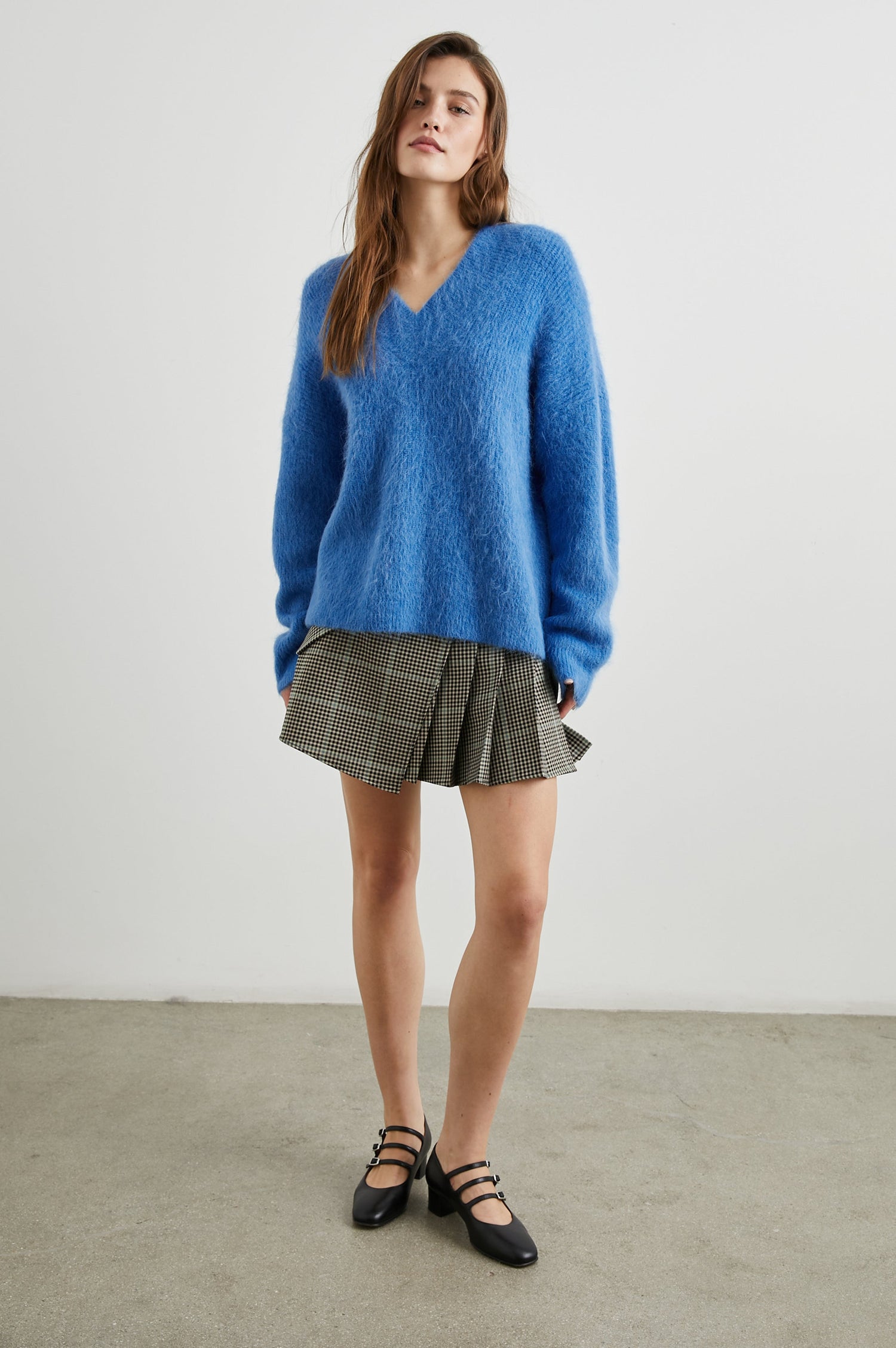 Jodie Long-Sleeve Sweater with a V Neck in Cobalt Colorway  - Front Full Body View Featured on Model