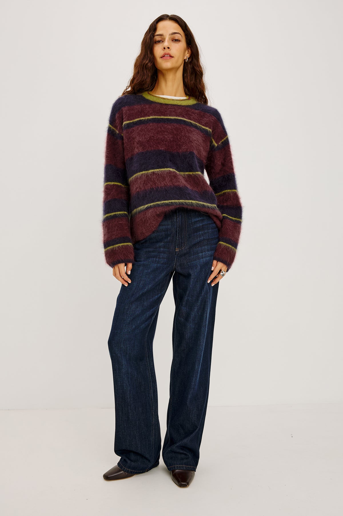 Joel Sweater in Wool Cashmere Blend With Crew Neckline, Long Bell Sleeves, and Relaxed Pullover Fit in Gem Stripe Colorway - Full Body Front View Featured on Model