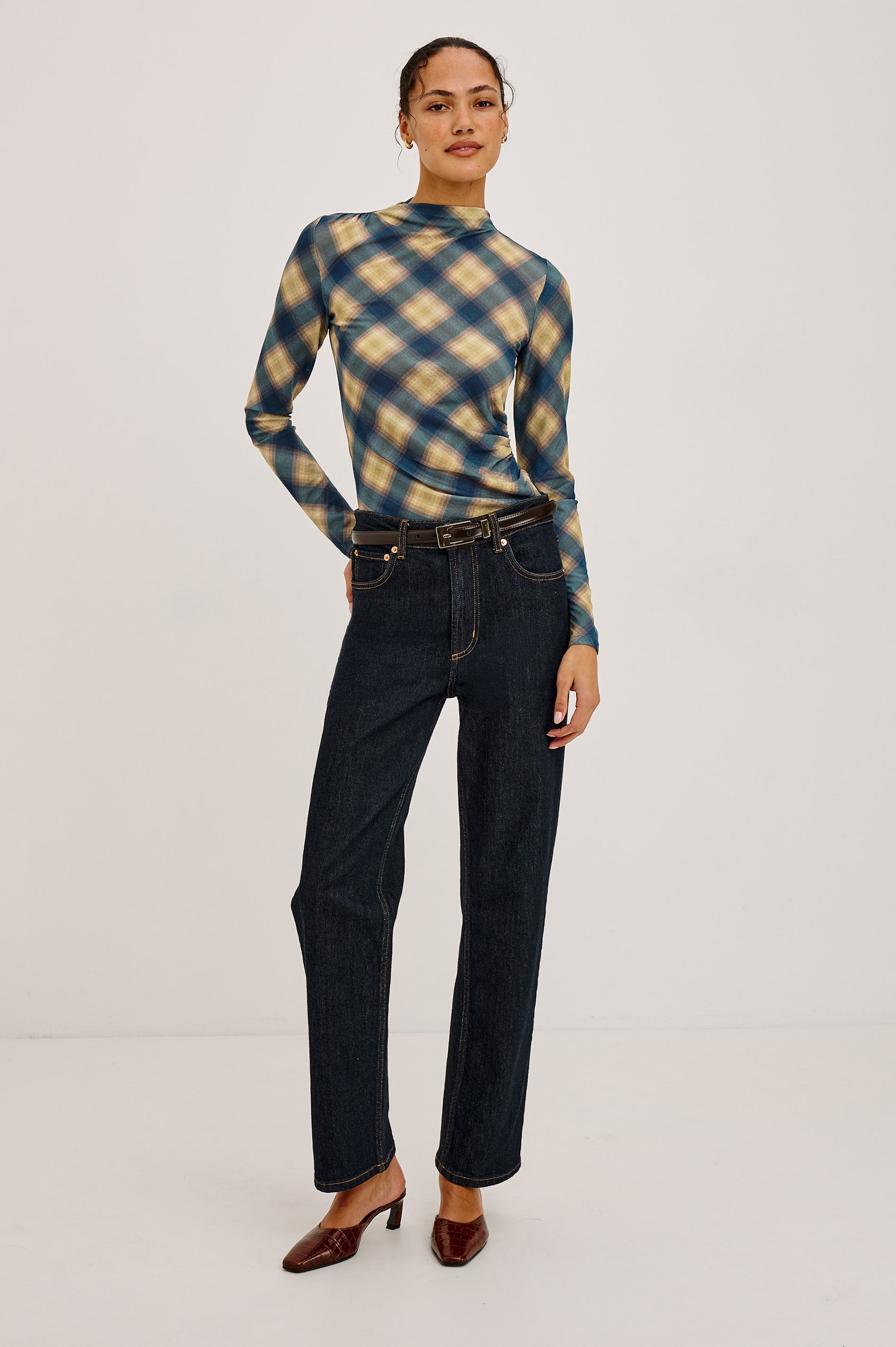 Joelle Top in Mesh With High Funnel Neckline, Long Sleeves, Self-Lined Body, and Asymmetric Ruching at Shoulder and Waist in Navy Sage Plaid Colorway - Full Body Front View Featured on Model