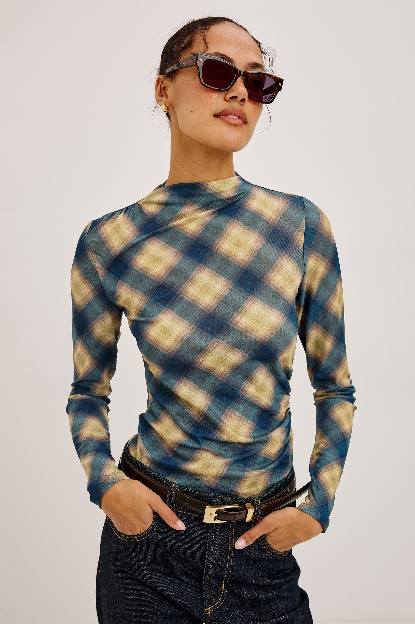 Joelle Top in Mesh With High Funnel Neckline, Long Sleeves, Self-Lined Body, and Asymmetric Ruching at Shoulder and Waist in Navy Sage Plaid Colorway - Upper Body Front View Featured on Model