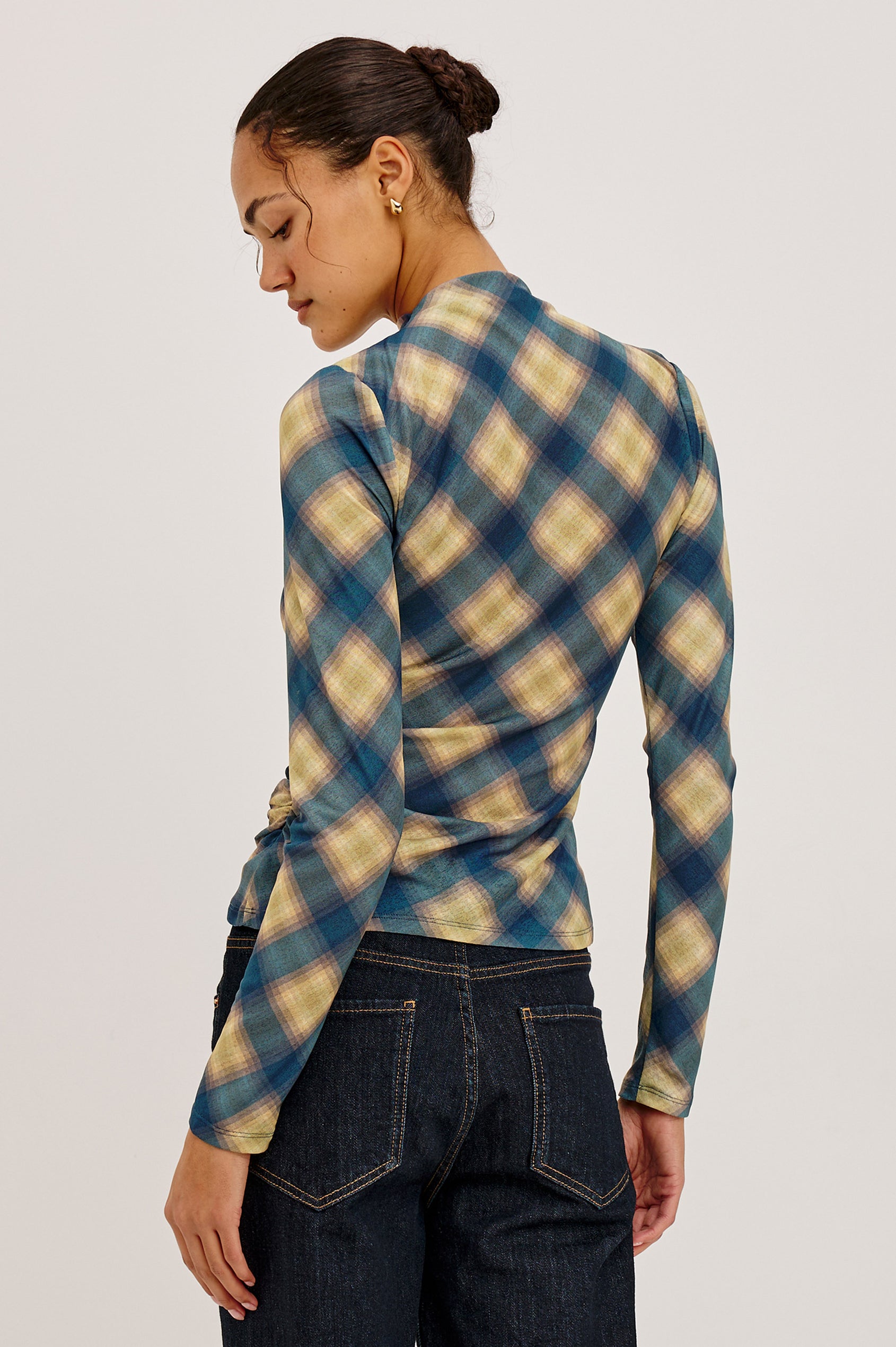 Joelle Top in Mesh With High Funnel Neckline, Long Sleeves, Self-Lined Body, and Asymmetric Ruching at Shoulder and Waist in Navy Sage Plaid Colorway - Upper Body Back View Featured on Model