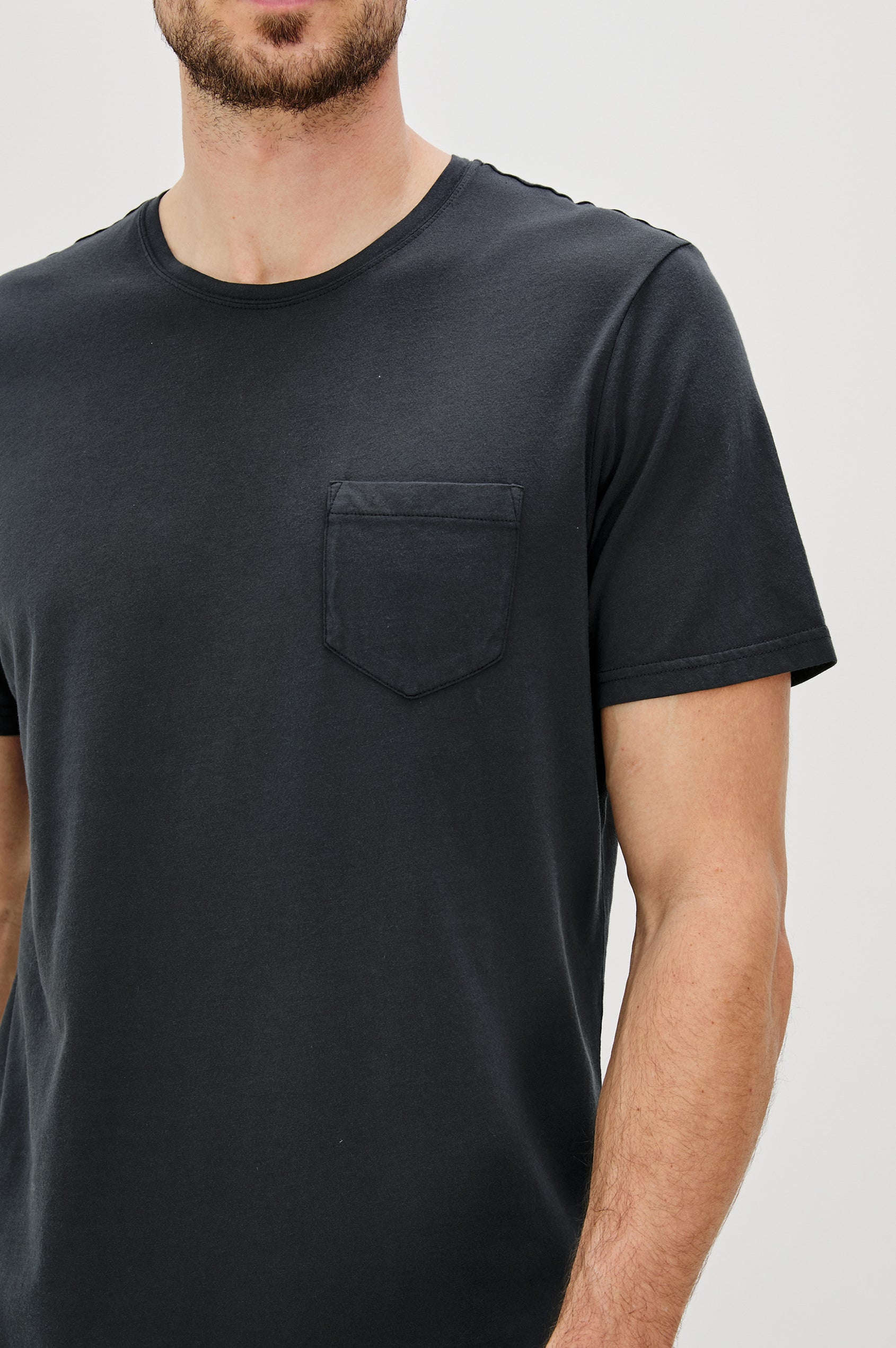 Johnny T-Shirt in Modal Jersey With Short Sleeves, Chest Patch Pocket, and Classic Fit in Carbon Colorway - Upper Body Front View Featured on Model