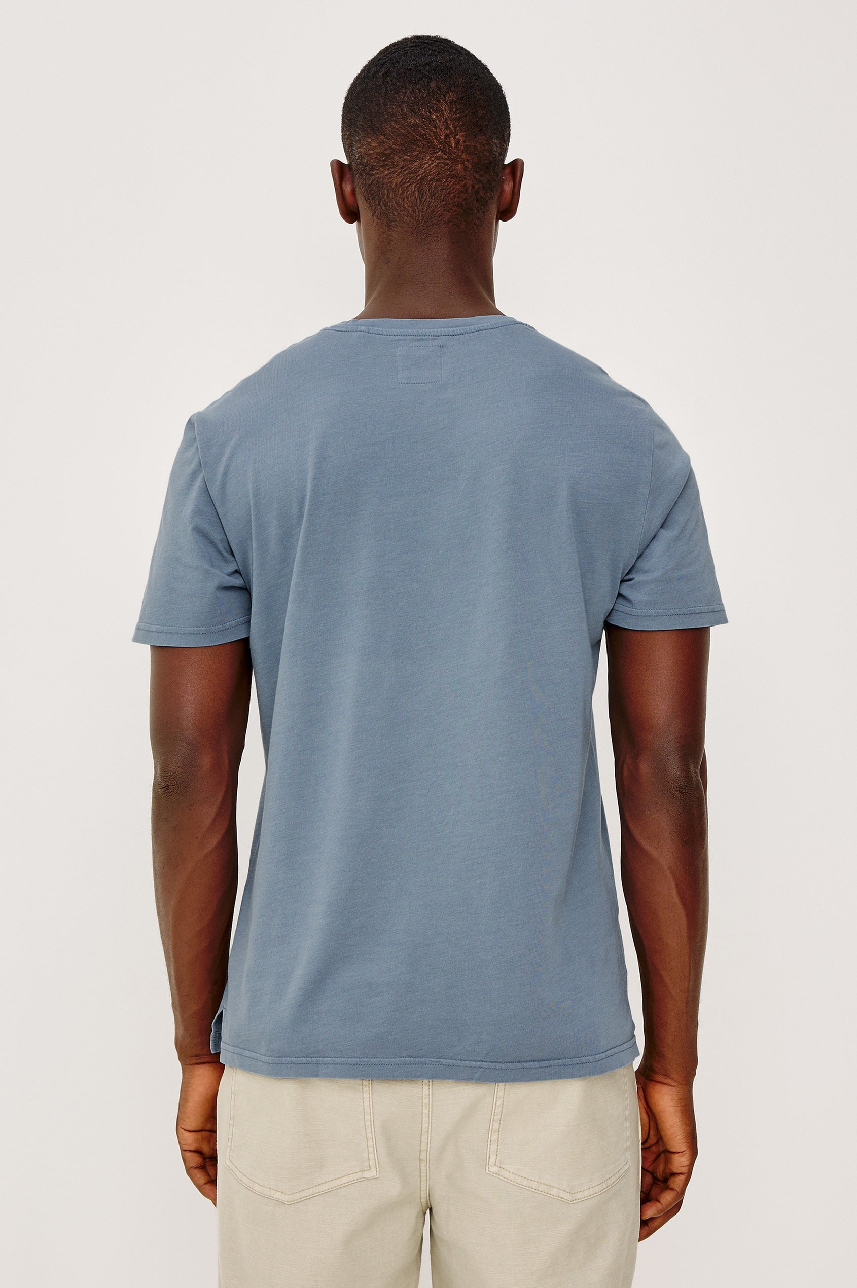 Johnny T-Shirt in Modal Jersey With Short Sleeves, Chest Patch Pocket, and Classic Fit in Steel Colorway - Upper Body Back View Featured on Model