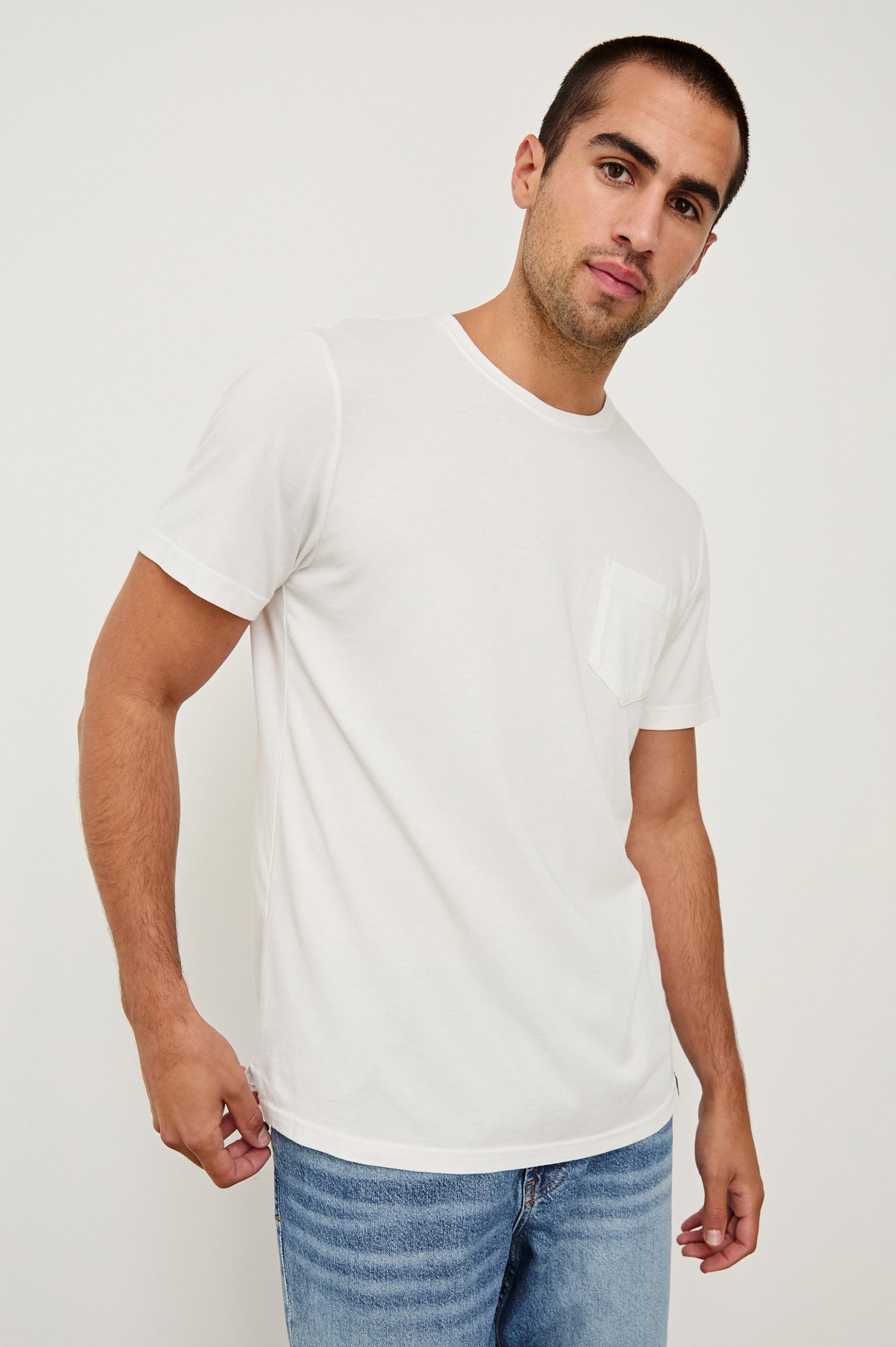 Johnny cotton jersey t-shirt with front chest pocket in White - front view on model