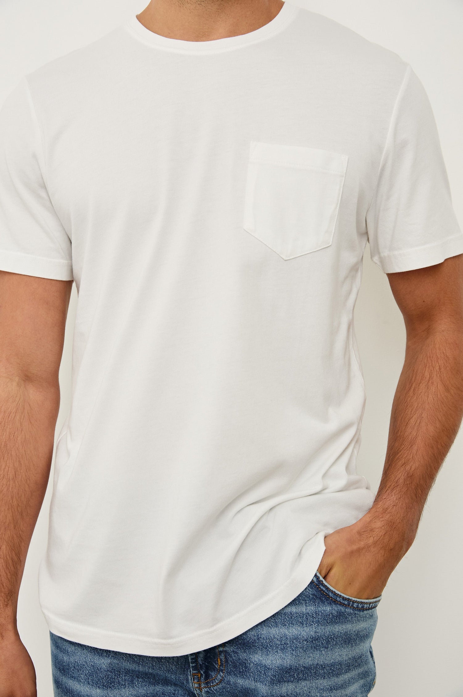 Johnny cotton jersey t-shirt with front chest pocket in White - close up of details on model