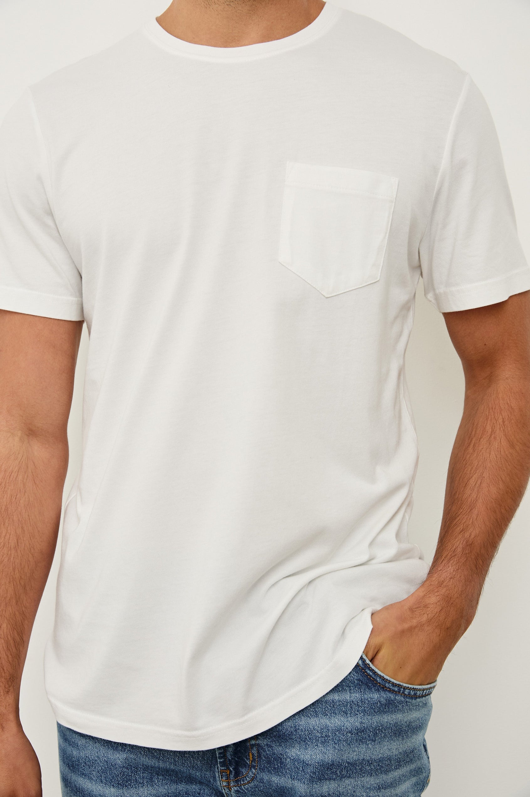 Johnny cotton jersey t-shirt with front chest pocket in White - close up of details on model