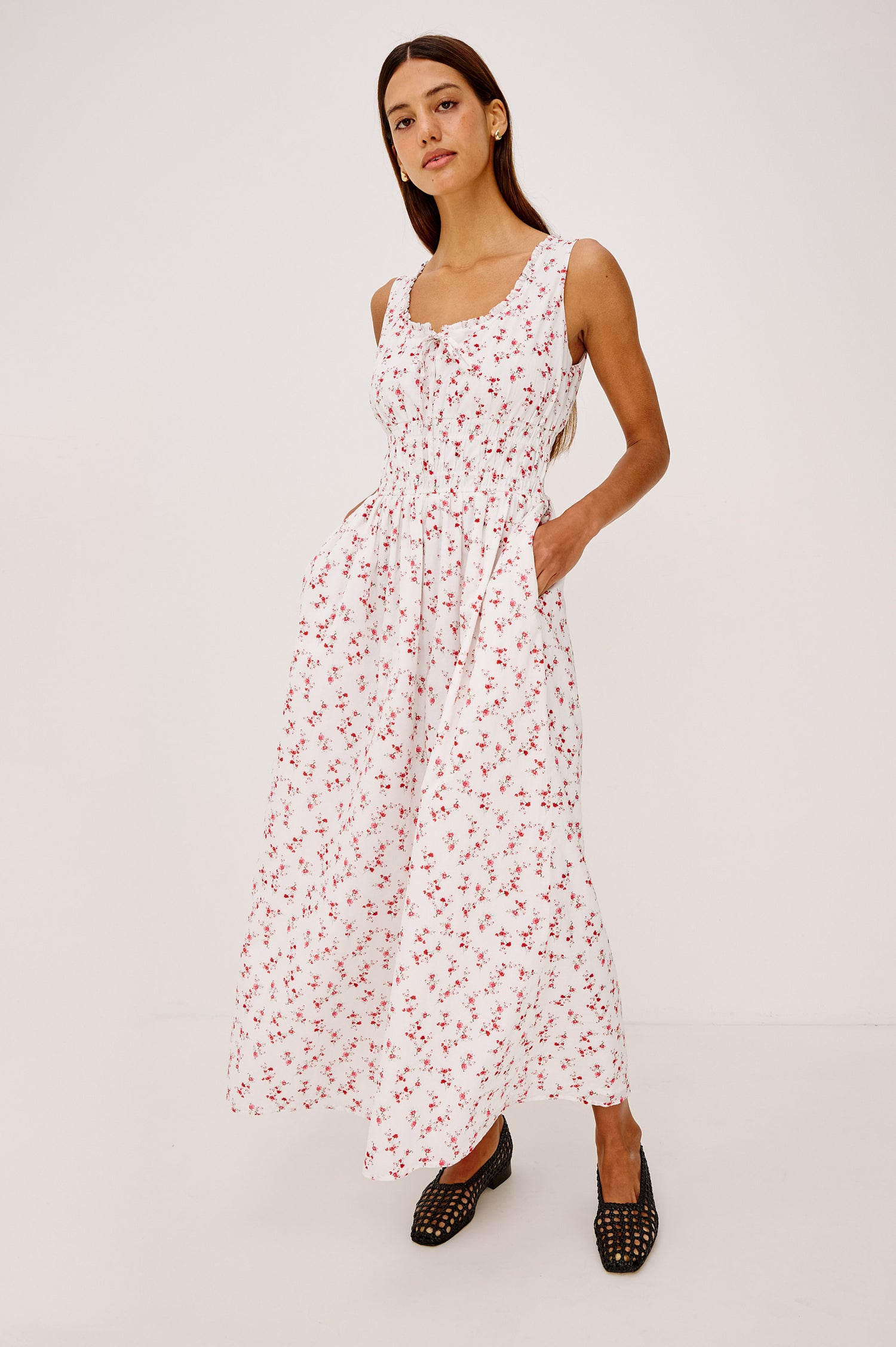 Jordie Maxi Dress in Cotton Voile With A-Line Silhouette, Rounded Square Neckline, Ruffle Trim, Center-Front Bust Cutrout With Self-Ties, Smocked Waist, Side Pockets, and Fully Lined Skirt in Rouge Romantic Colorway - Full Body Front View Featured on Model
