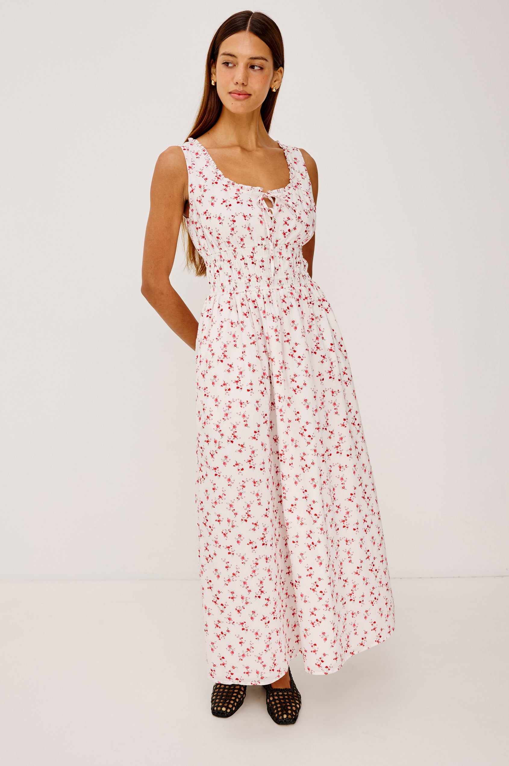 Jordie Maxi Dress in Cotton Voile With A-Line Silhouette, Rounded Square Neckline, Ruffle Trim, Center-Front Bust Cutrout With Self-Ties, Smocked Waist, Side Pockets, and Fully Lined Skirt in Rouge Romantic Colorway - Full Body Front View Featured on Model