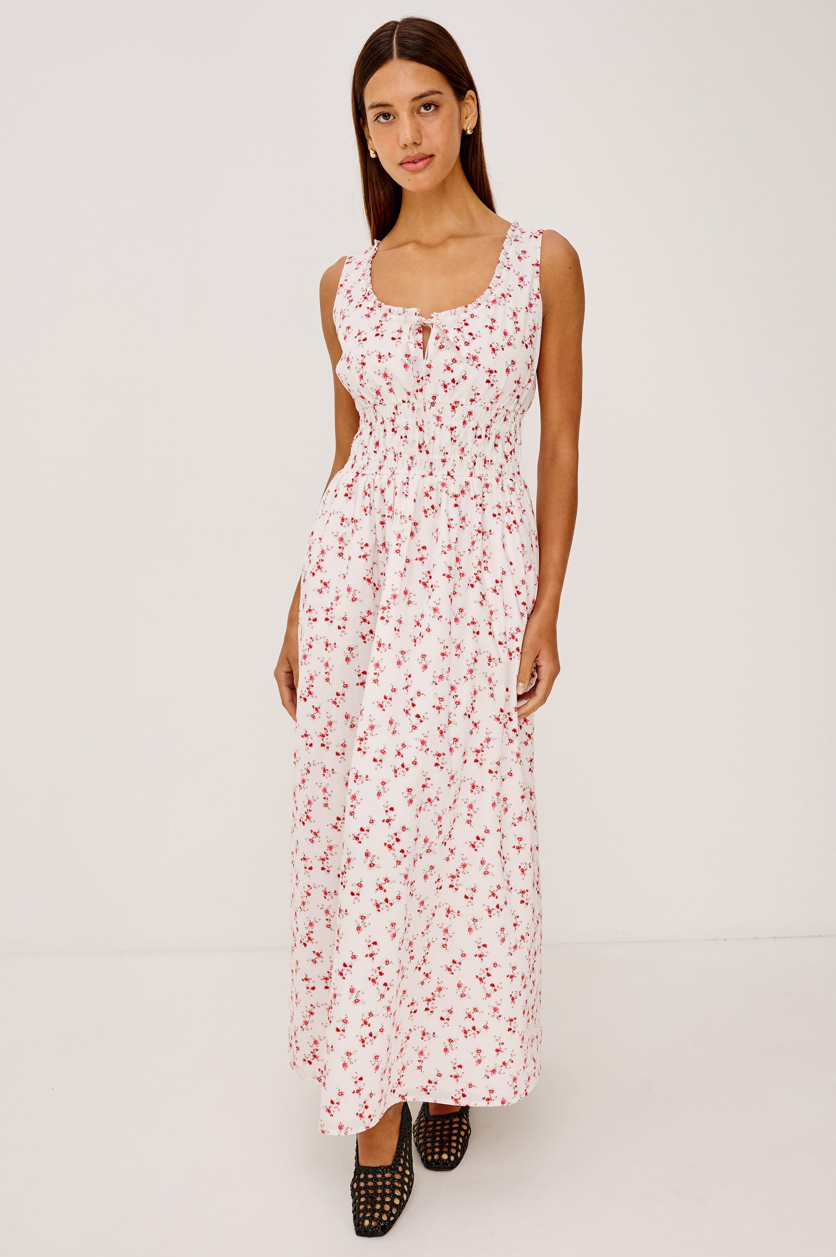 Jordie Maxi Dress in Cotton Voile With A-Line Silhouette, Rounded Square Neckline, Ruffle Trim, Center-Front Bust Cutrout With Self-Ties, Smocked Waist, Side Pockets, and Fully Lined Skirt in Rouge Romantic Colorway - Full Body Front View Featured on Model