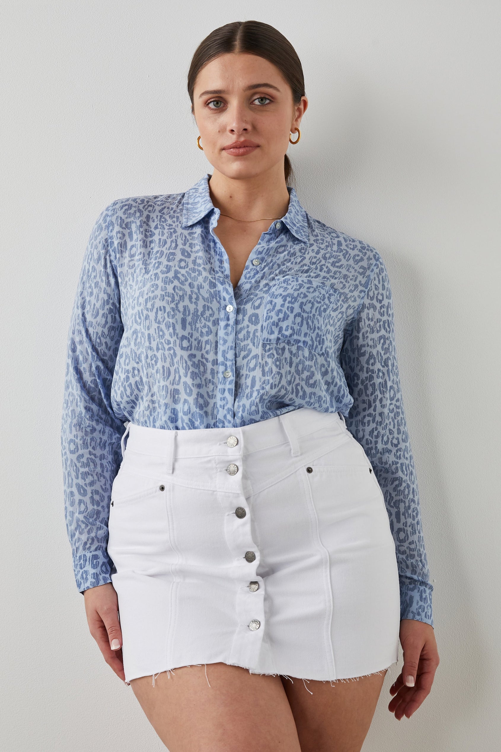 JOSEPHINE SHIRT BLUE BATIK CHEETAH - FRONT TUCKED IN MODEL 2