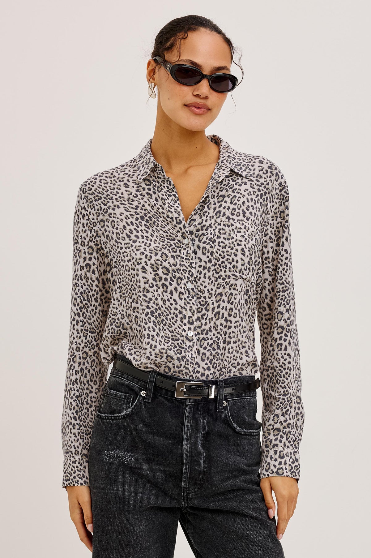 Josephine Shirt in Featherweight Rayon With Relaxed Fit, Collar, and Button Front in Ecru Cheetah Colorway - Upper Body Front View Featured on Model