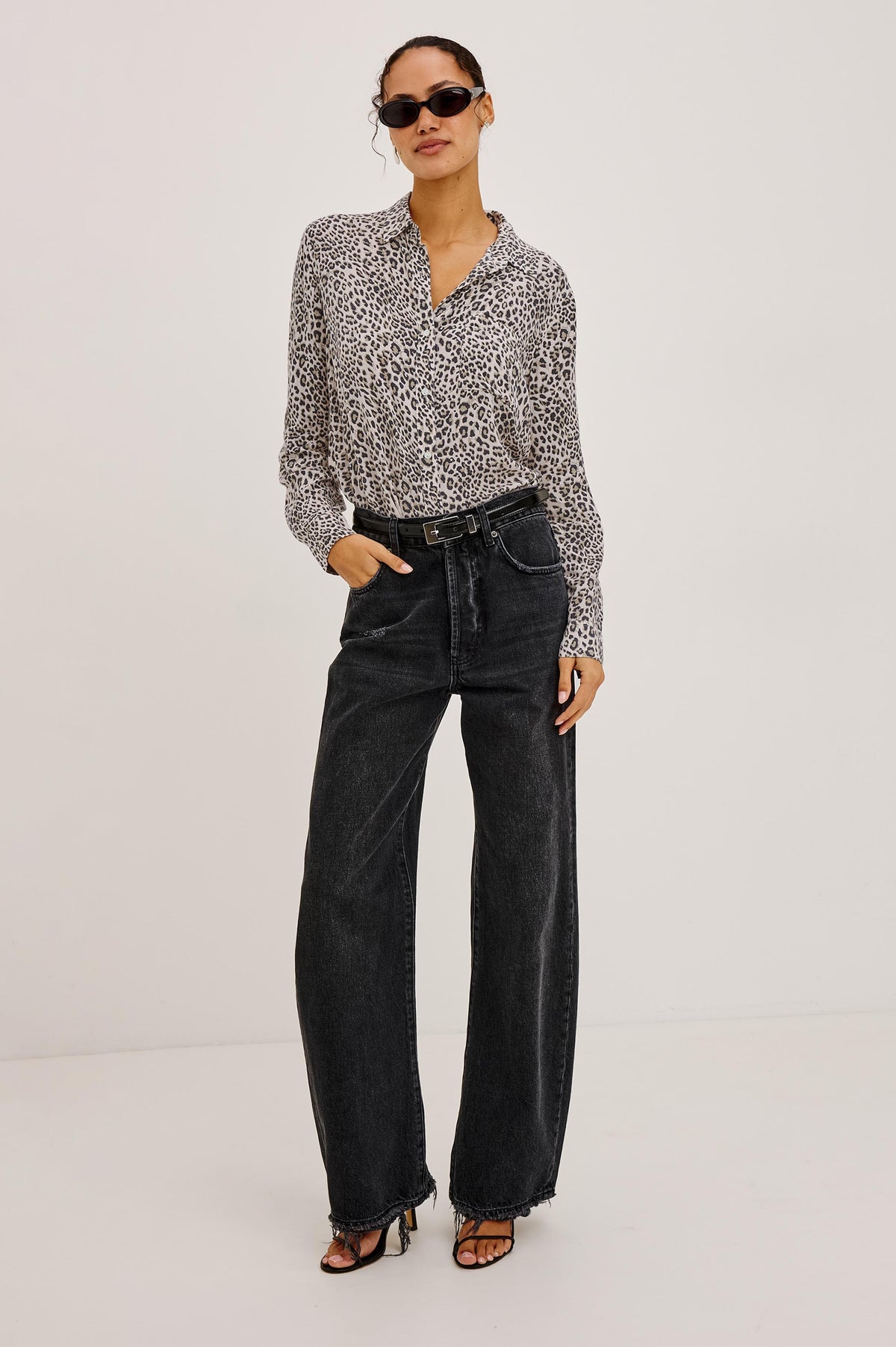 Josephine Shirt in Featherweight Rayon With Relaxed Fit, Collar, and Button Front in Ecru Cheetah Colorway - Full Body Front View Featured on Model