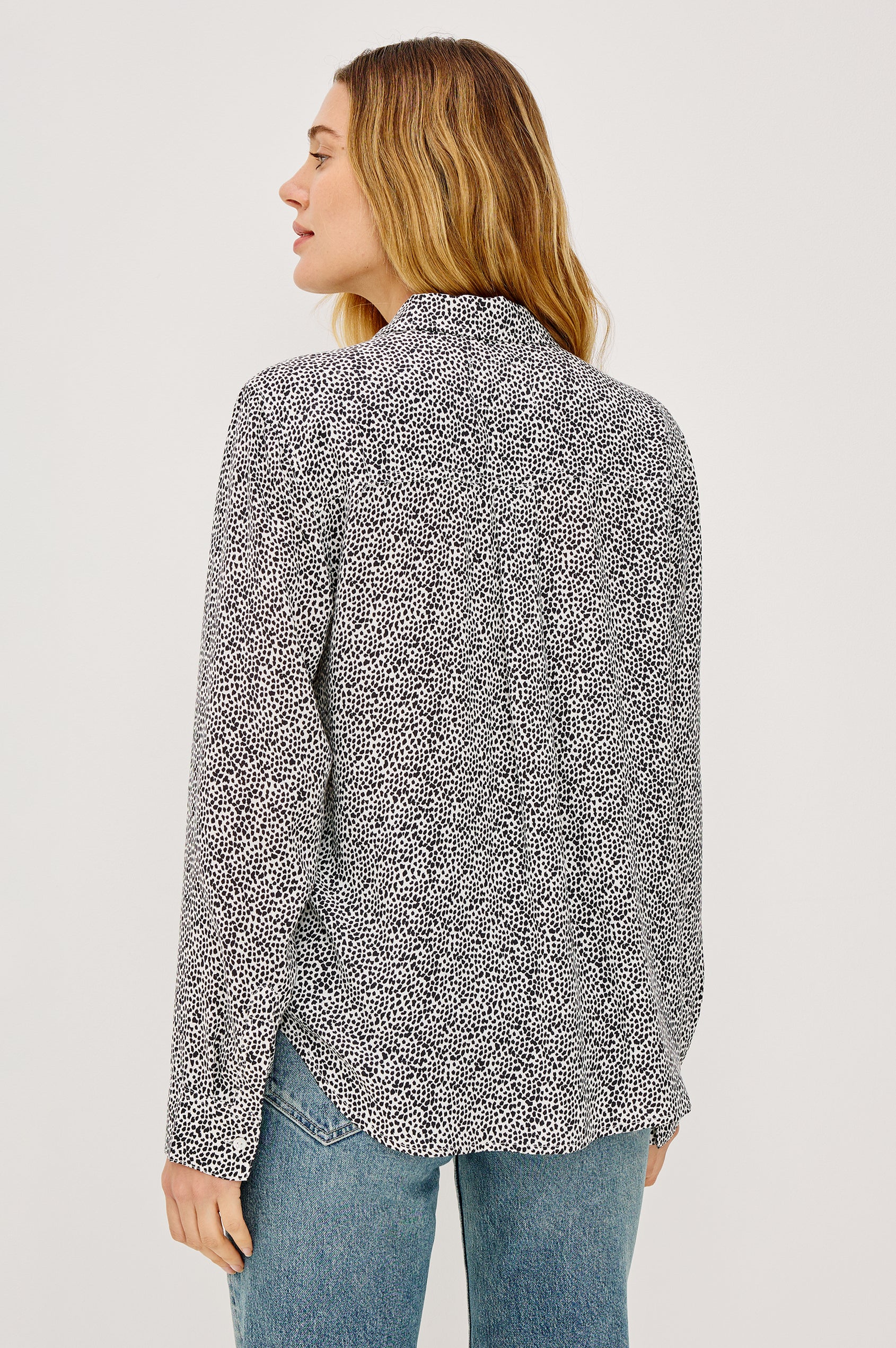 Josephine Collared Button Front Shirt with Long Sleeves and a Front Chest Pocket in Ivory Micro Spots Colorway. Front View of Model Shown.