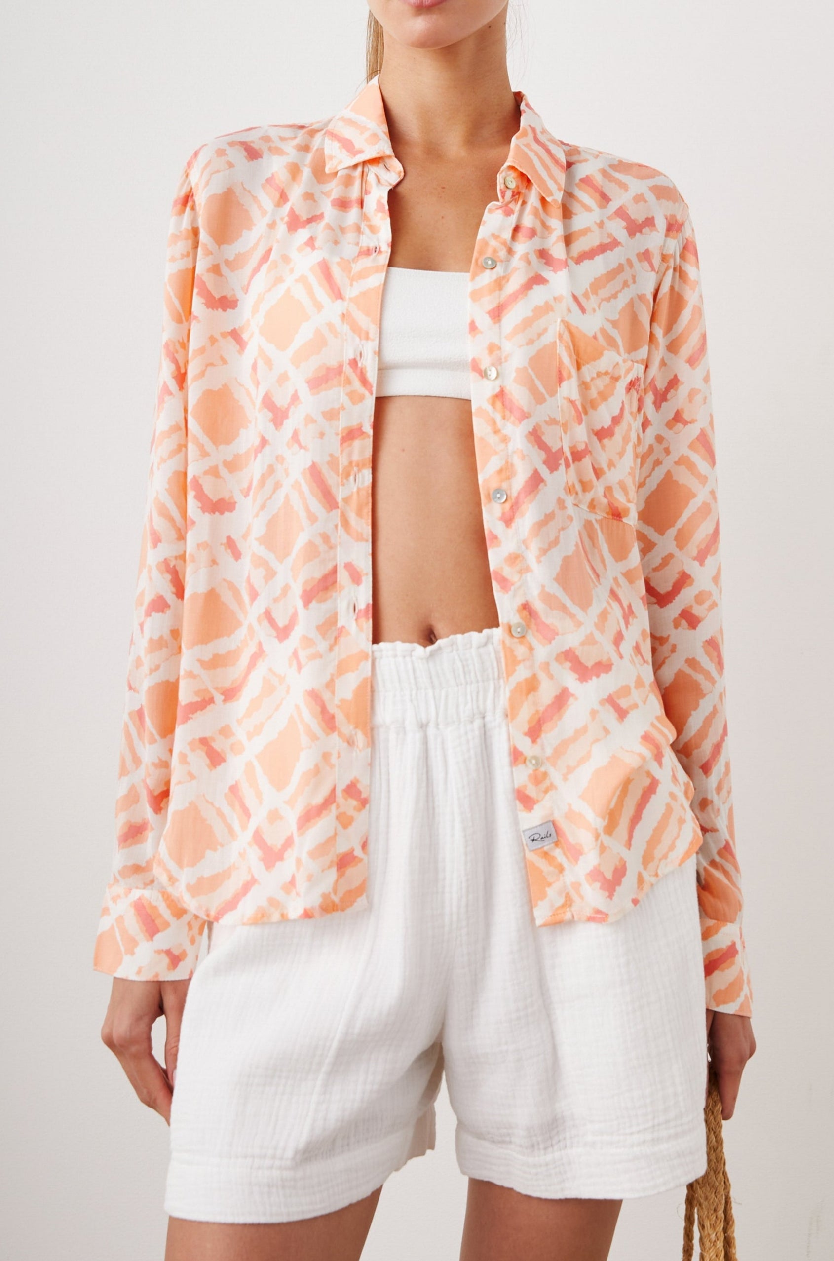 JOSEPHINE SHIRT PEACH WATERCOLOR PLAID - FRONT UNTUCKED