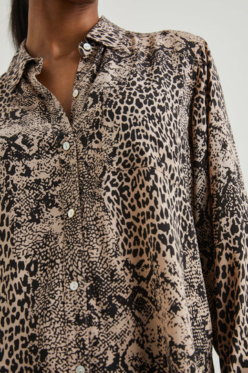 Josephine Long-Sleeve Button Down with a Chest Patch Pocket in Taupe Mixed Animal Colorway, black animal patterns on taupe - Front View Featured on Model