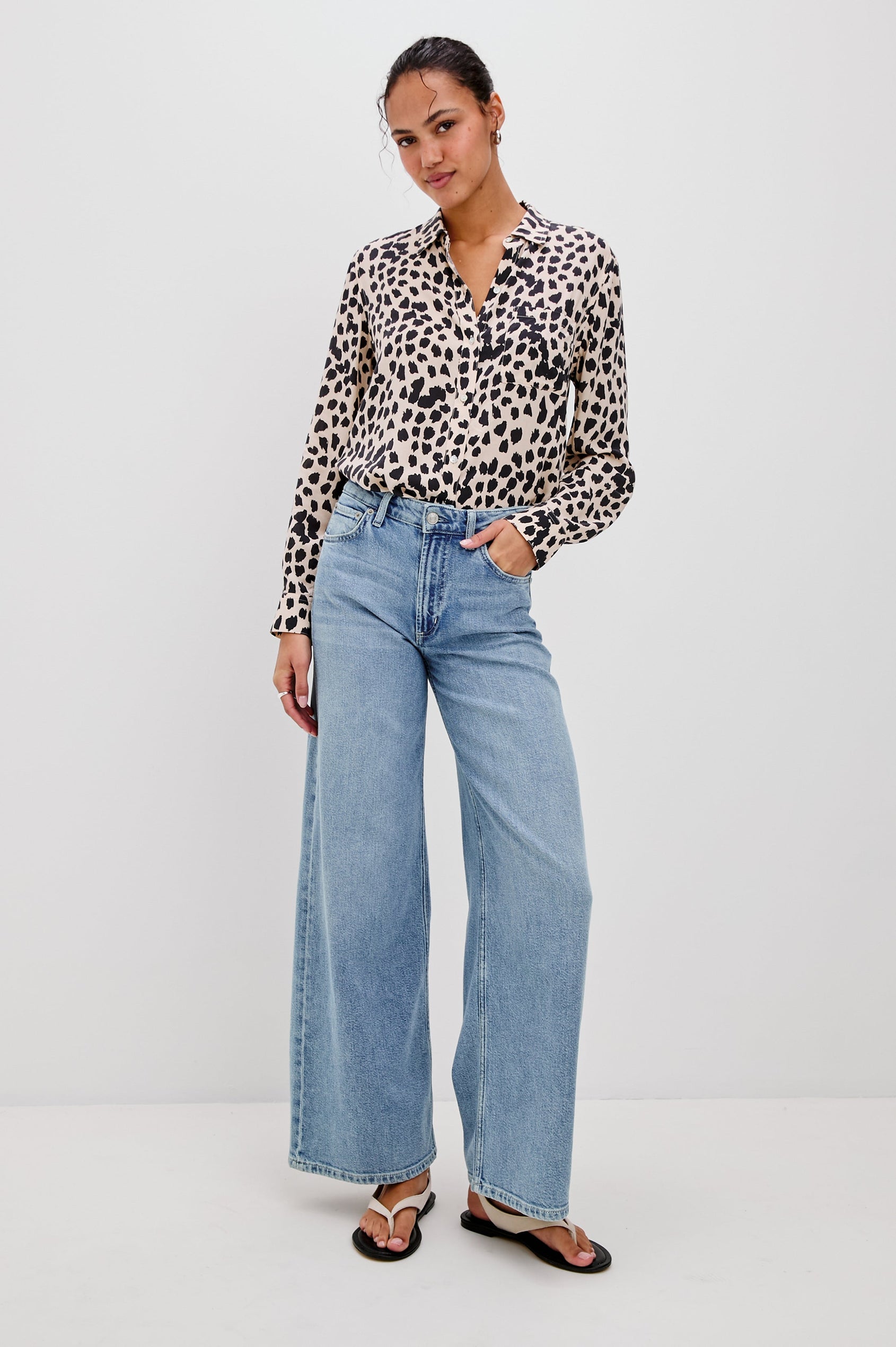 Josephine Collared Button Front Shirt with Long Sleeves and a Front Chest Pocket in Taupe Spotted Colorway. Full Body Front View of Model Shown.