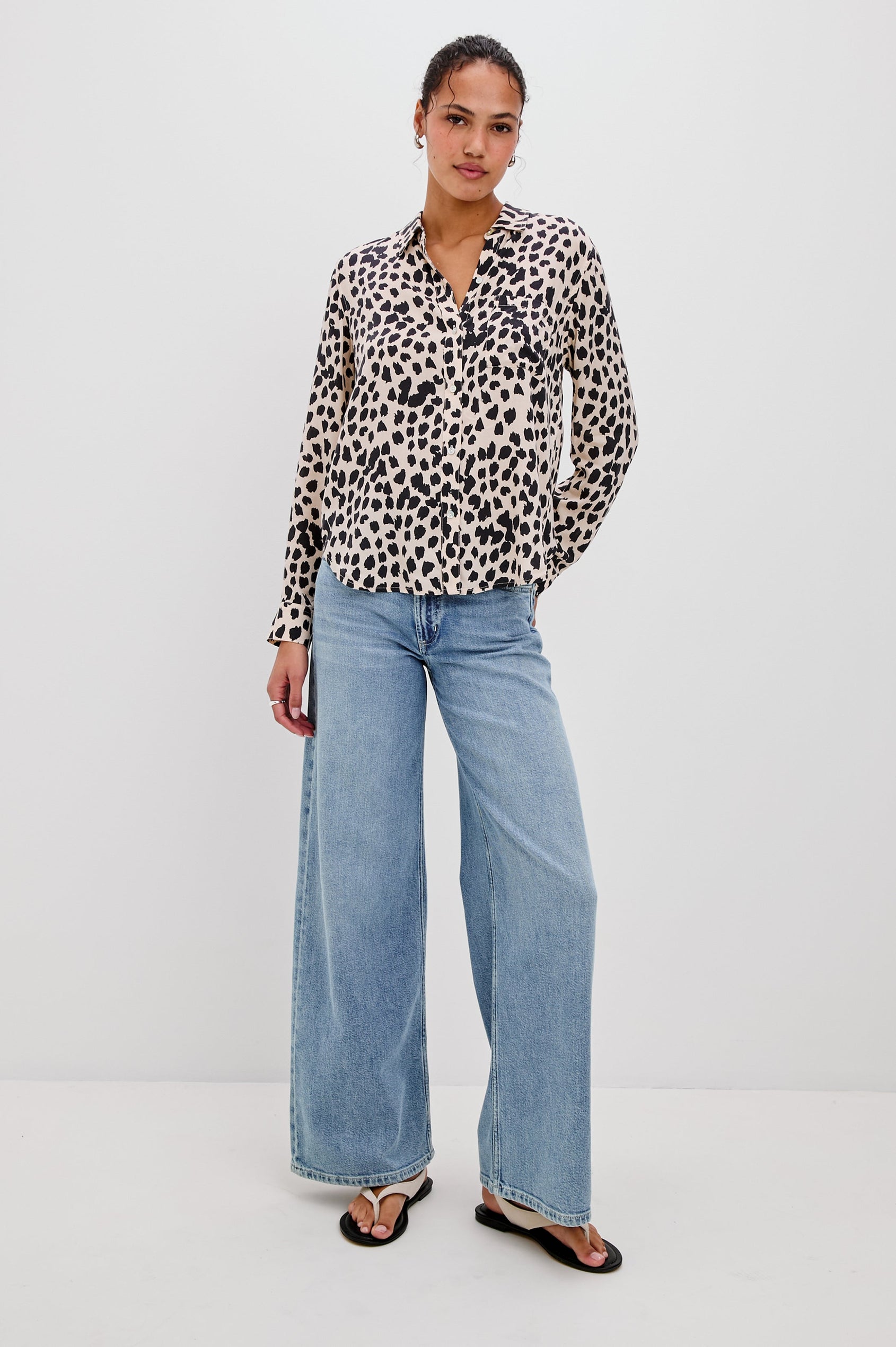 Josephine Collared Button Front Shirt with Long Sleeves and a Front Chest Pocket in Taupe Spotted Colorway. Full Body Front View of Model Shown.