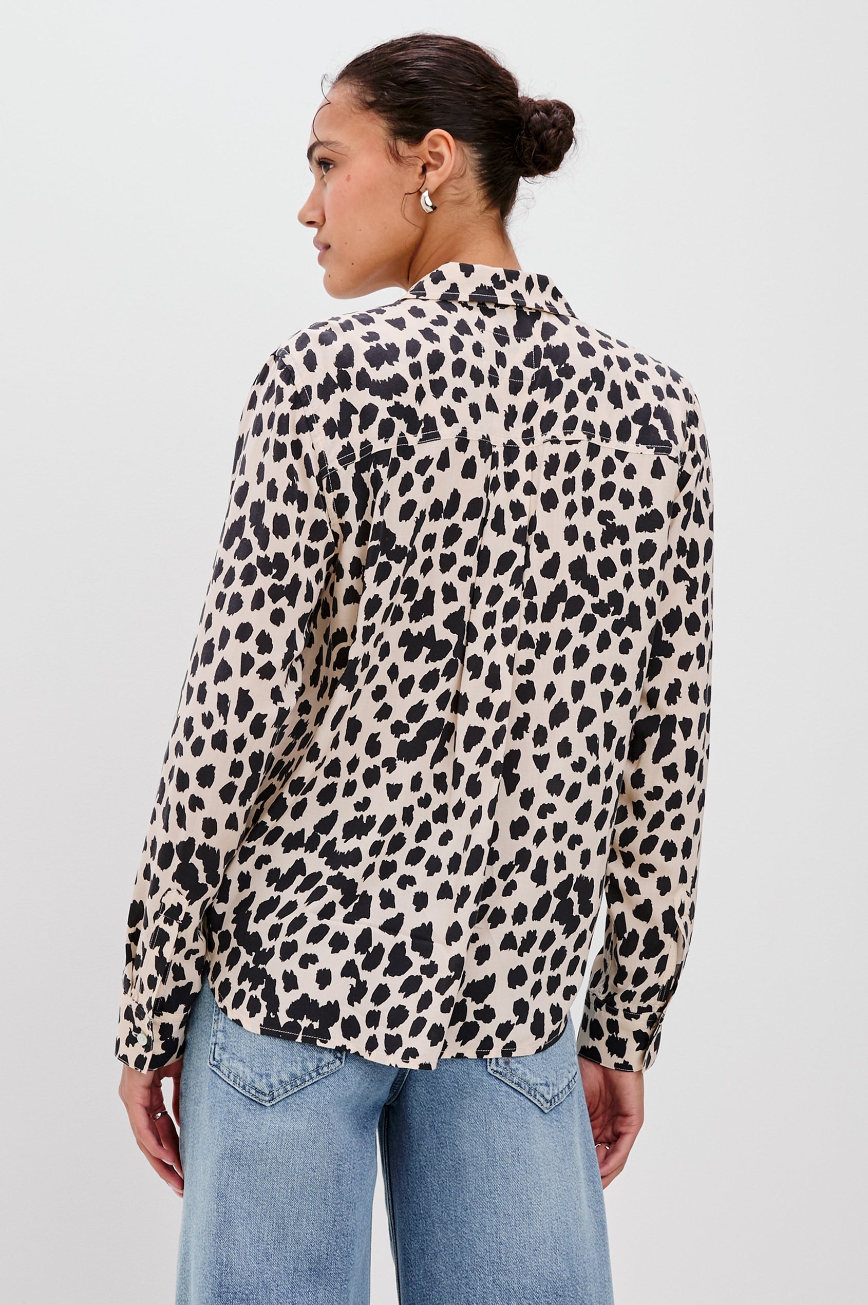 Josephine Collared Button Front Shirt with Long Sleeves and a Front Chest Pocket in Taupe Spotted Colorway. Back  View of Model Shown.