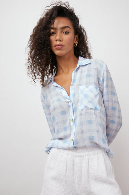 JOSEPHINE BLUE SKY PLAID LONG SLEEVE BUTTON DOWN- FRONT TUCKED IN