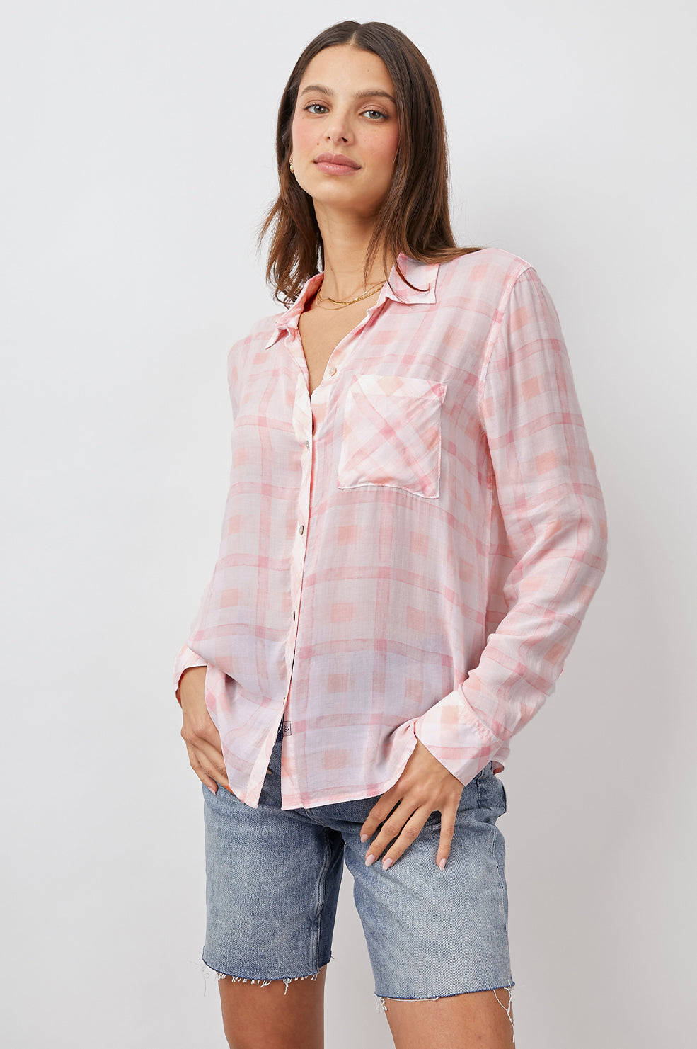 JOSEPHINE PEACH PLAID LONG SLEEVE BUTTON DOWN-FRONT UNTUCKED