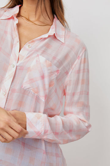 JOSEPHINE PEACH PLAID LONG SLEEVE BUTTON DOWN-DETAIL
