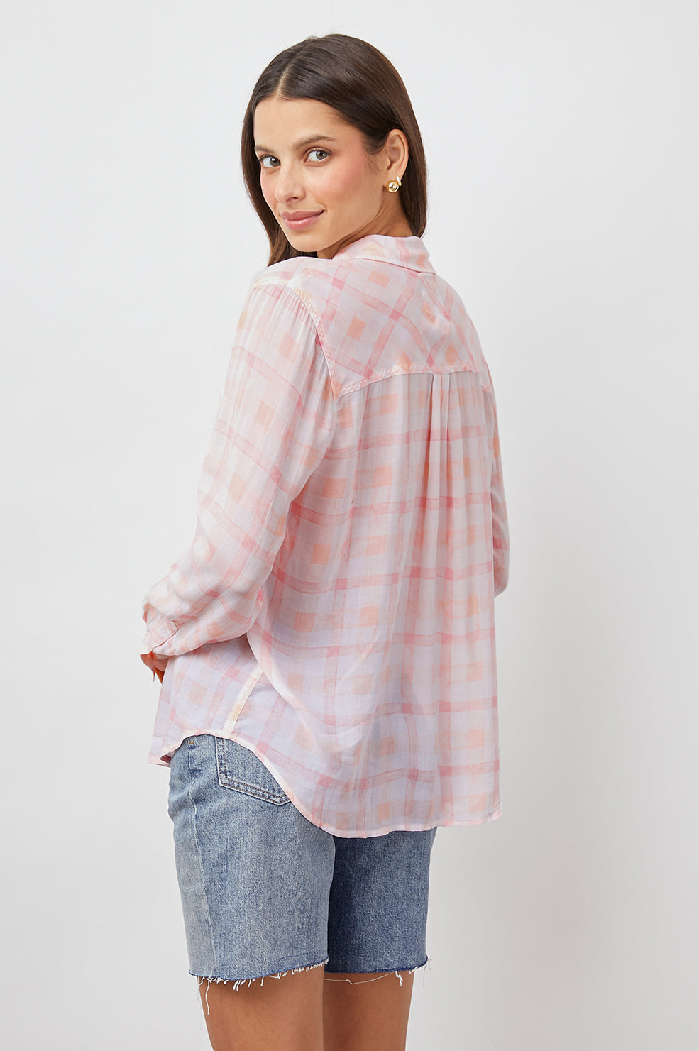 JOSEPHINE PEACH PLAID LONG SLEEVE BUTTON DOWN-BACK
