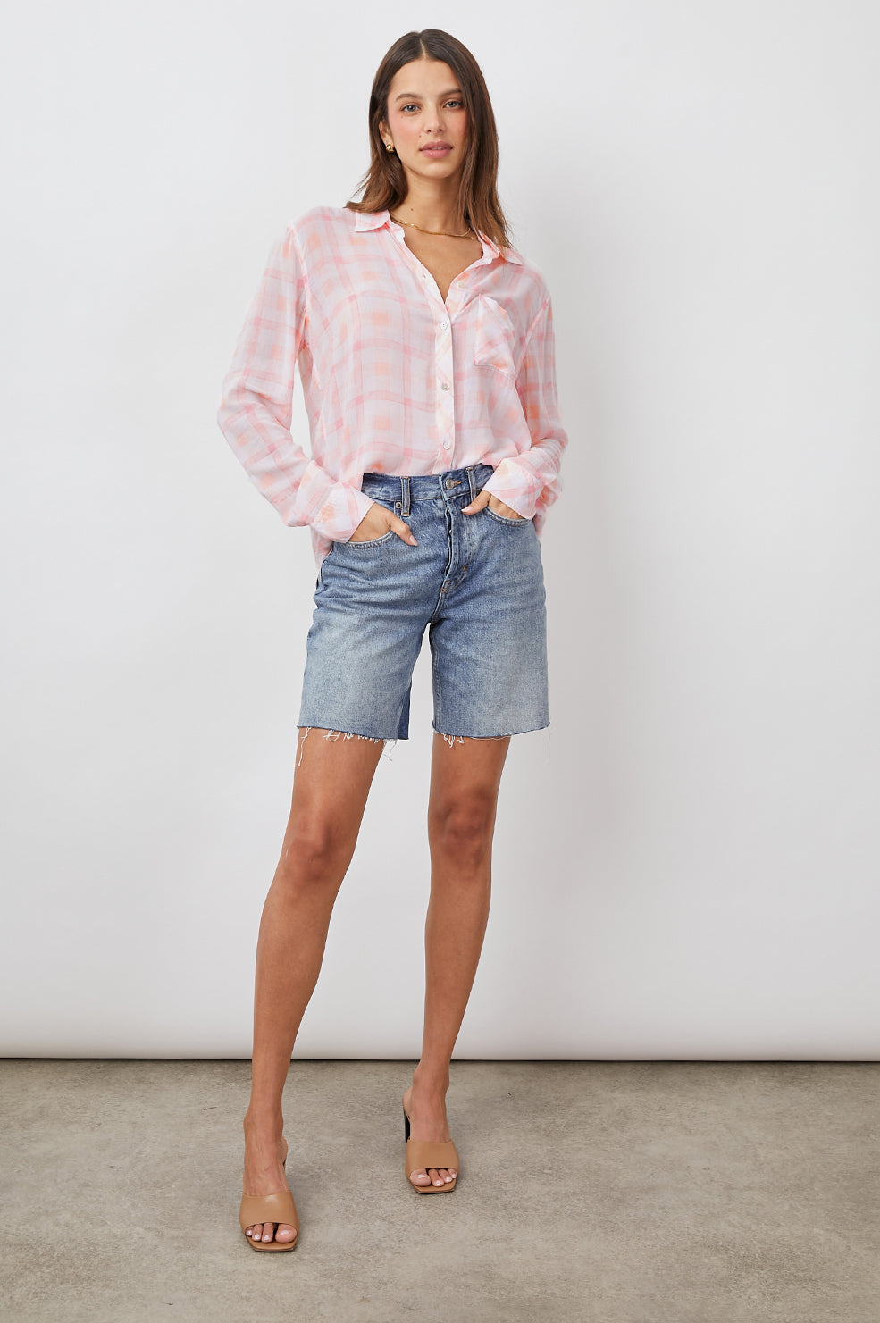 JOSEPHINE PEACH PLAID LONG SLEEVE BUTTON DOWN- FULL BODY FRONT