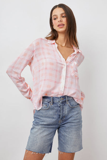 JOSEPHINE PEACH PLAID LONG SLEEVE BUTTON DOWN- FRONT